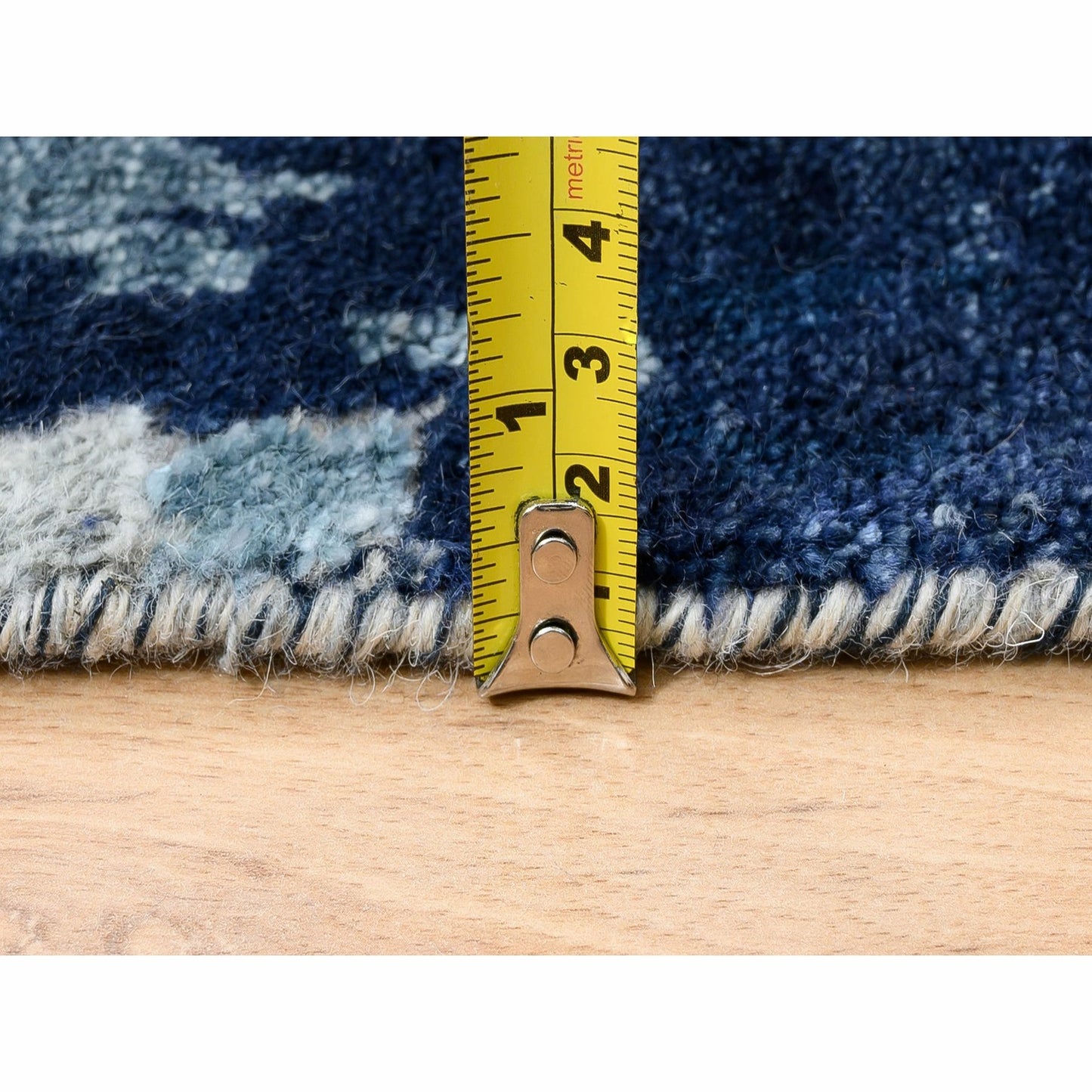2'6"X10' Denim Blue Mosaic Design Hand Knotted Wool And Silk Rug