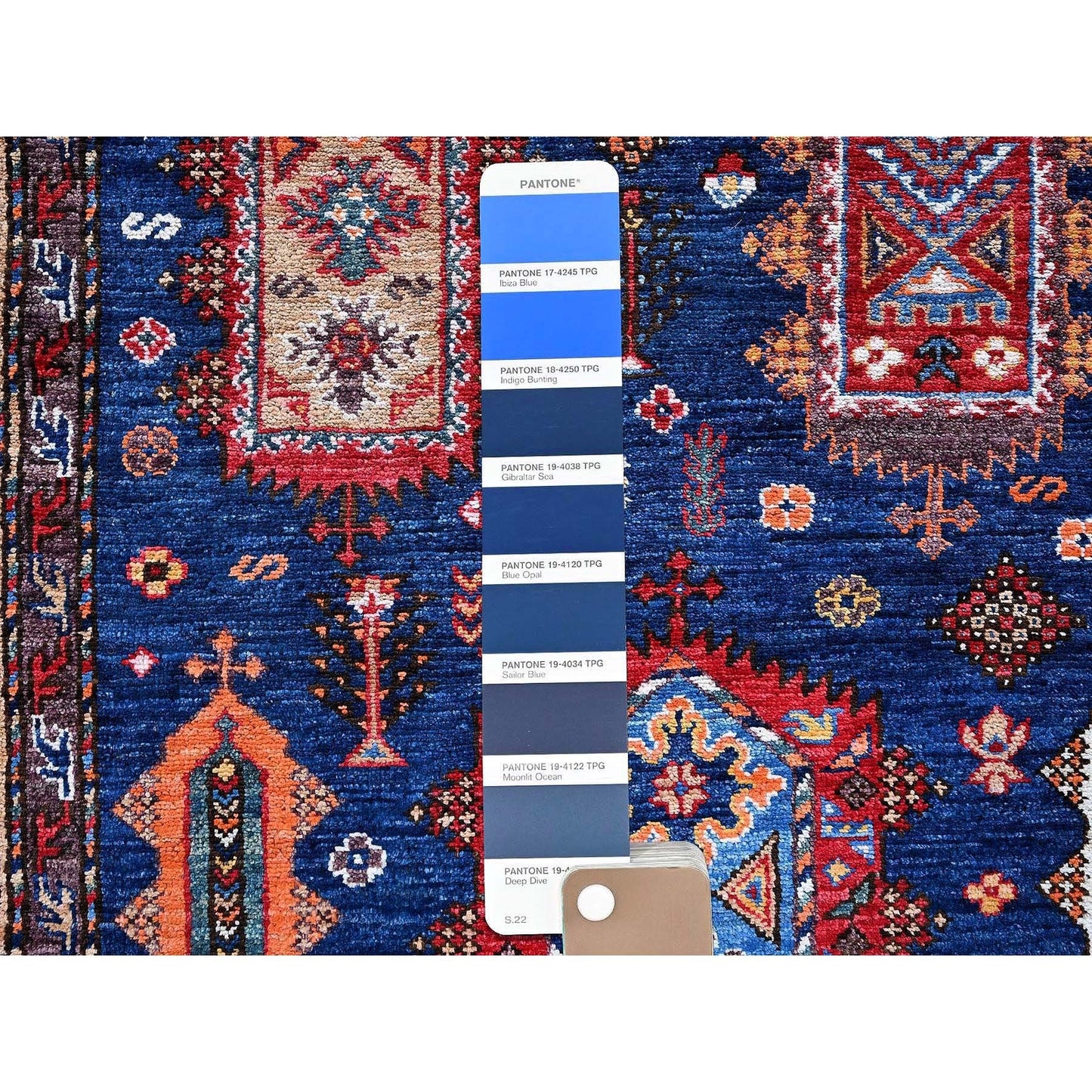 6'1"X8'5" Blue Afghan Caucasian Design Revival Hand Knotted Soft Wool Rug