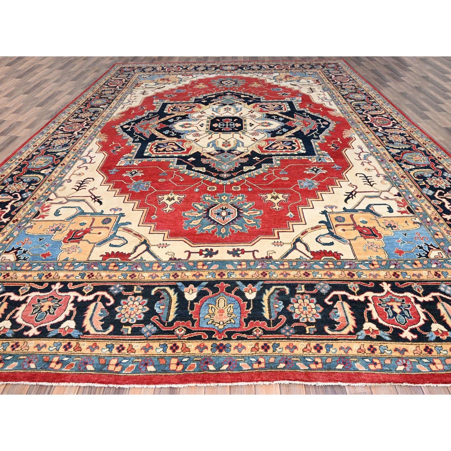 12'1"X15'9" Red Hand Knotted Wool Heris Seeripe Geometric Oversized Rug