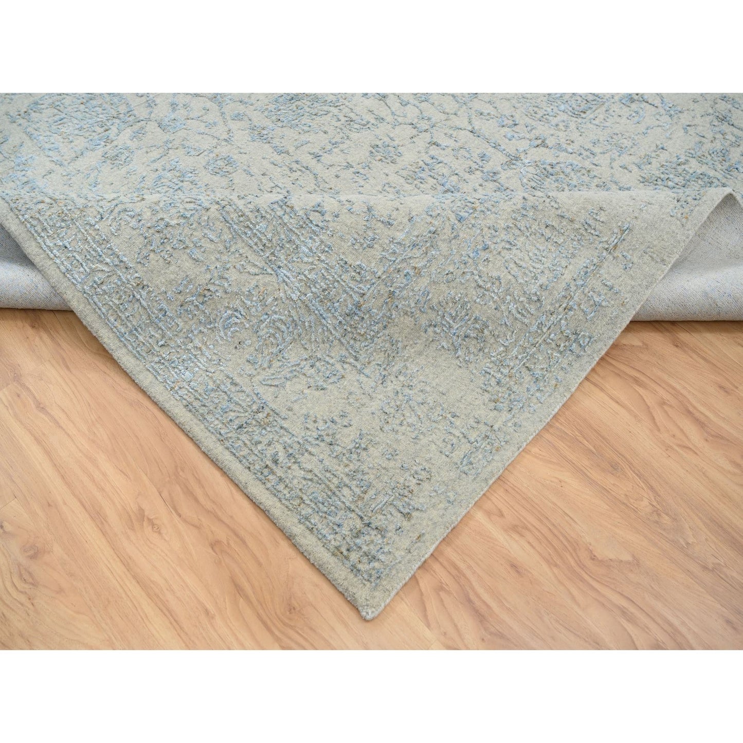 10'X13'10" Gray Wool And Silk Jacquard Hand Loomed Tebraz Design Rug