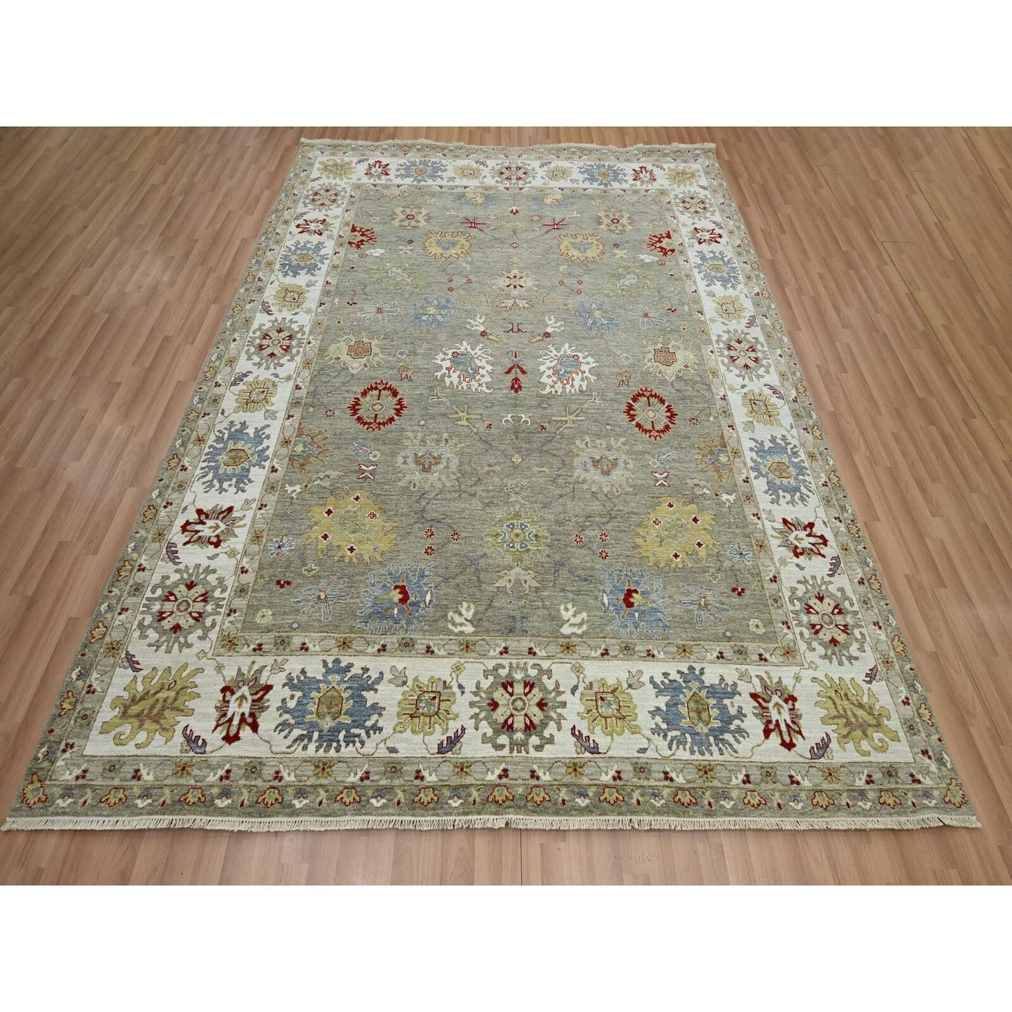 8'1"X10'1" Stone Gray Agra With Ziegler Design Hand Knotted Pure Wool Rug