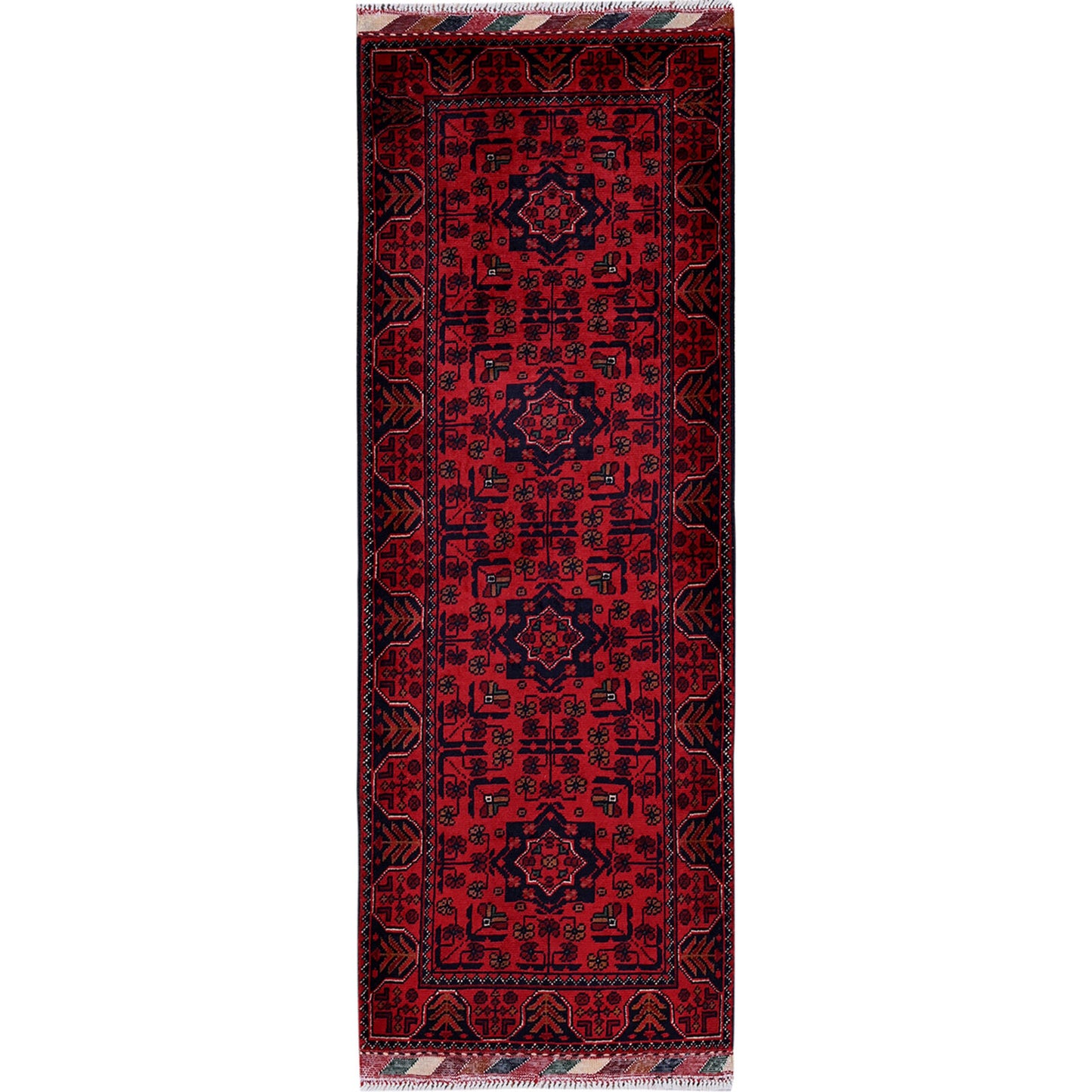 1'9"X5' Red Afghan Khamyab Geometric Design Wool Hand Knotted Runner Rug