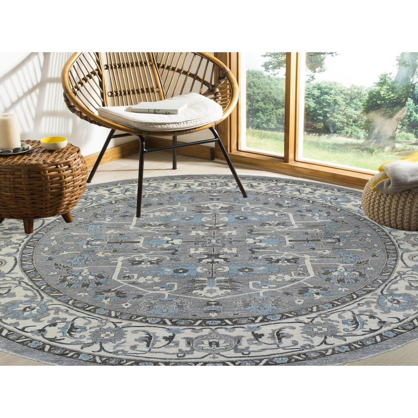 11'8"X11'8" Hand Knotted Gray Heriz Fine Peshawar Pure Wool Round Rug