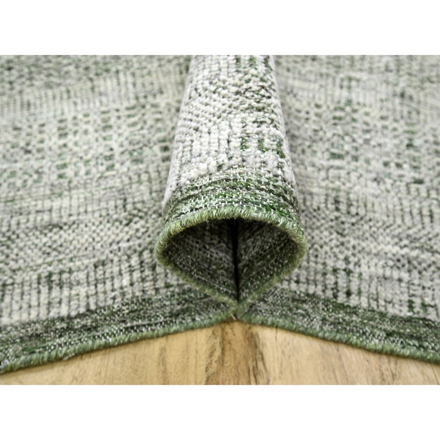 9'X12'1" White With Green Oxidized Grass Design Wool Hand Knotted Rug