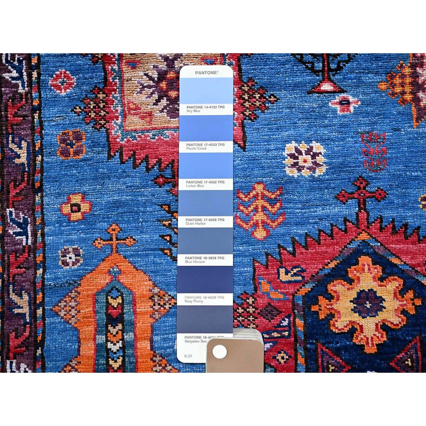 6'3"X9'1" Blue Afghan Caucasian Design Revival Hand Knotted Soft Wool Rug