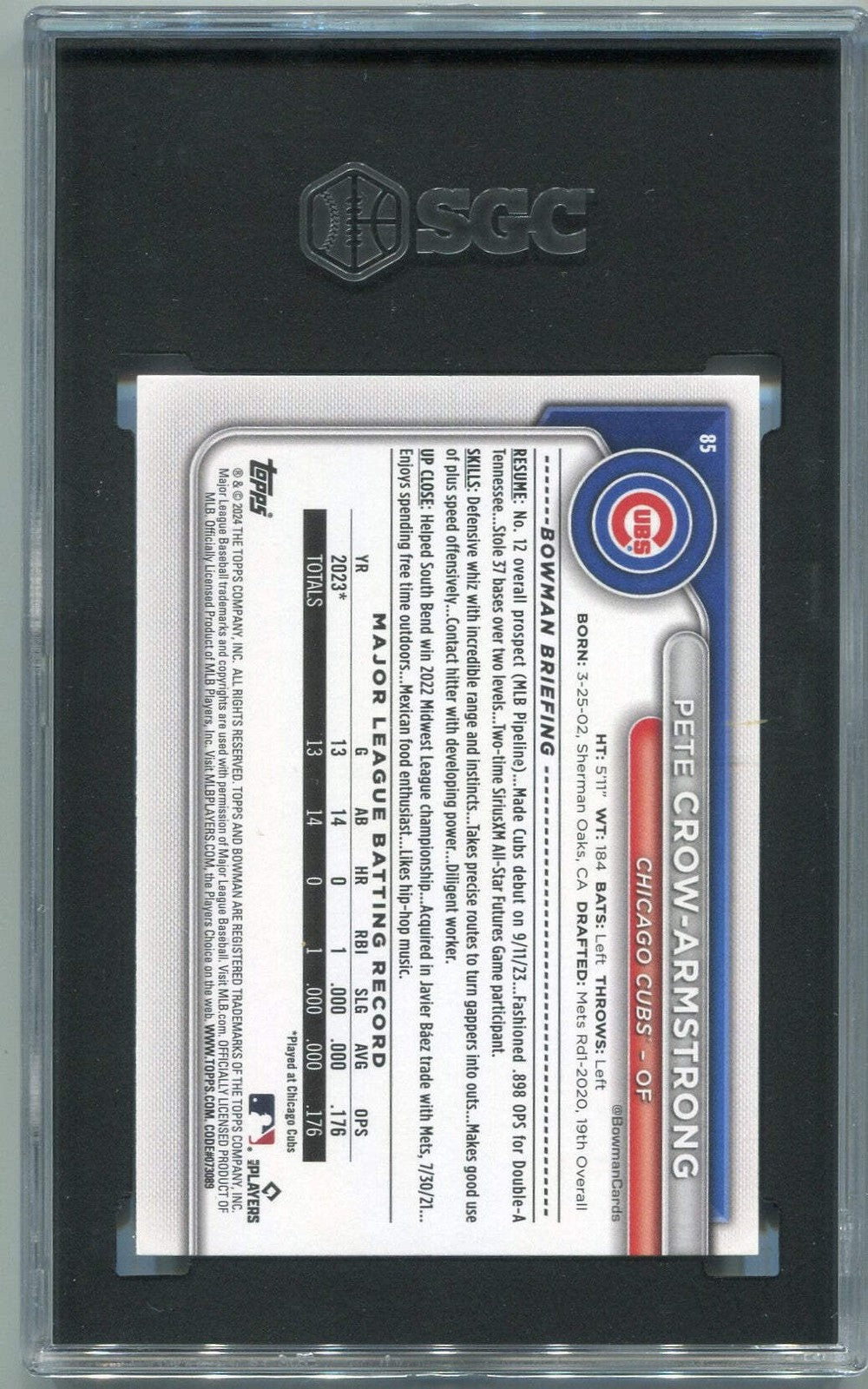 Pete Crow-Armstrong 2024 Bowman Purple Pattern Parallel Rc #85 138/199 Sgc Grade