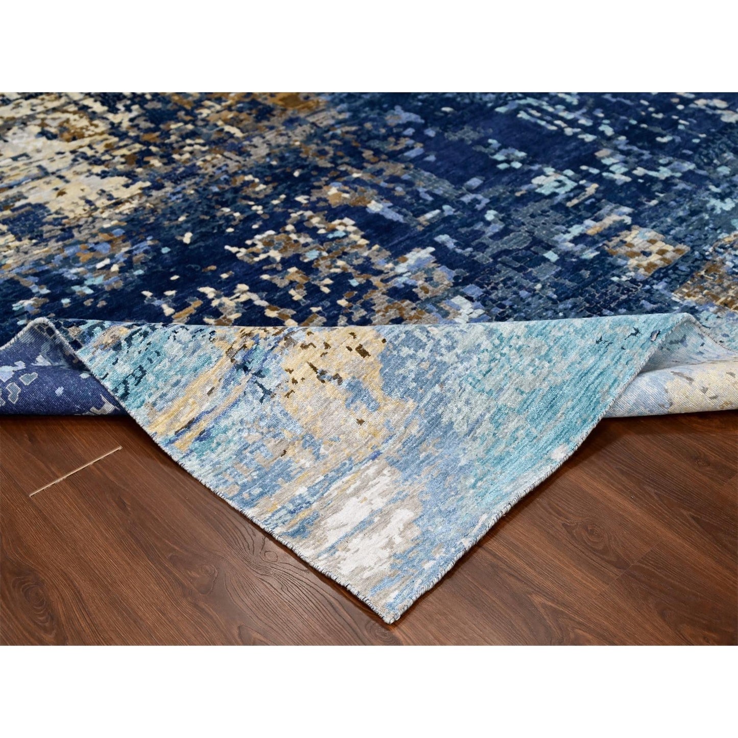 9'10"X9'10" Blue Mosaic Design Wool And Silk Hand Knotted Square Rug
