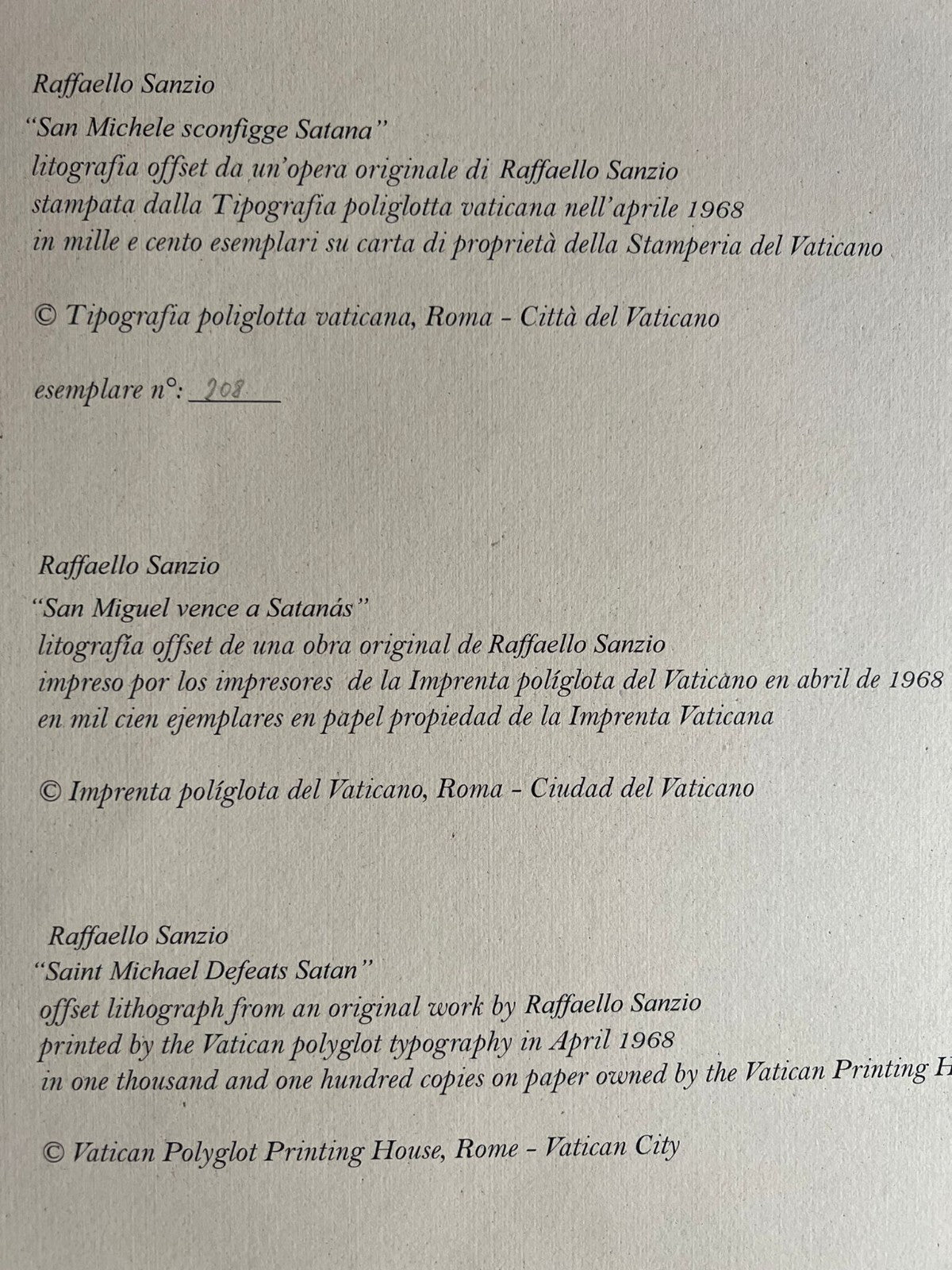 Raffaello Sanzio Lithograph 1968 Edition Limited