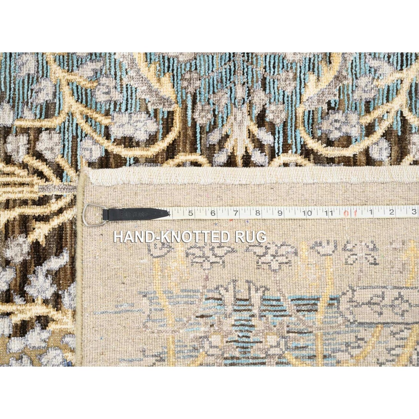 4'2"X10' Gold Brown Hand Knotted Silk With Wool Wide Runner Rug