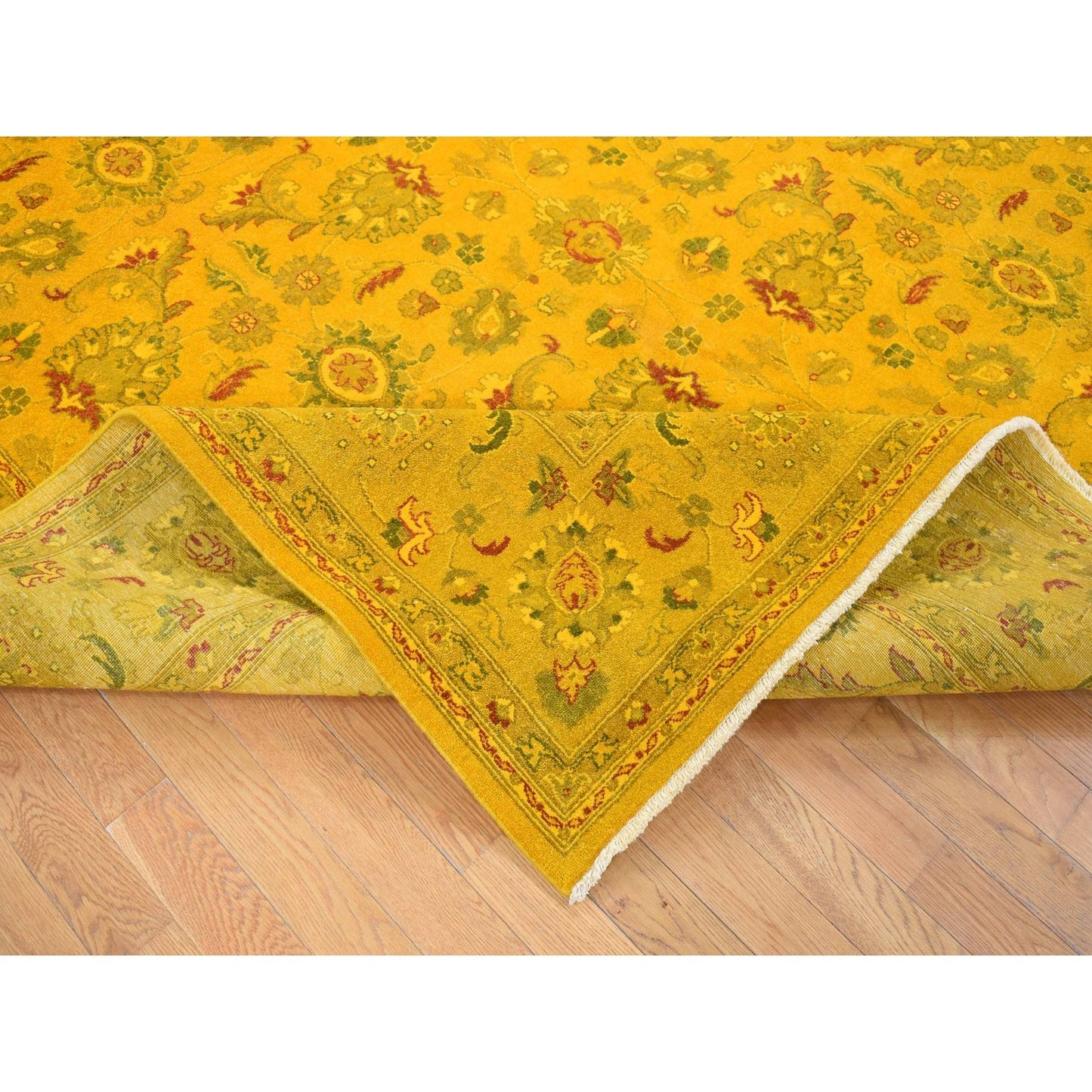 8'2"X10'1" Golden Overdyed Zoroastrian Design Wool Hand Knotted Rug