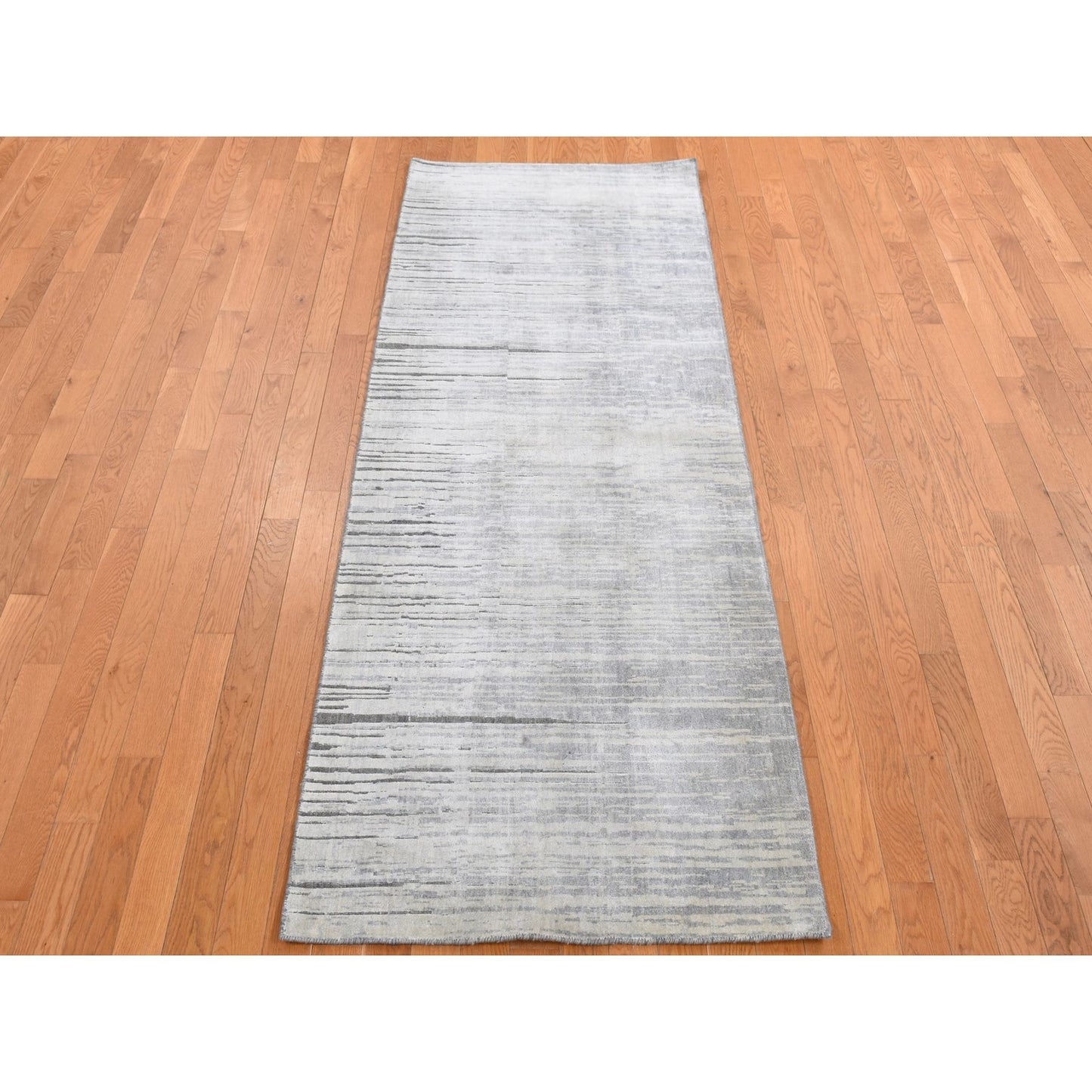 3'X9' Ash Gray Horizontal Ombre Design Pure Silk Hand Knotted Runner Rug