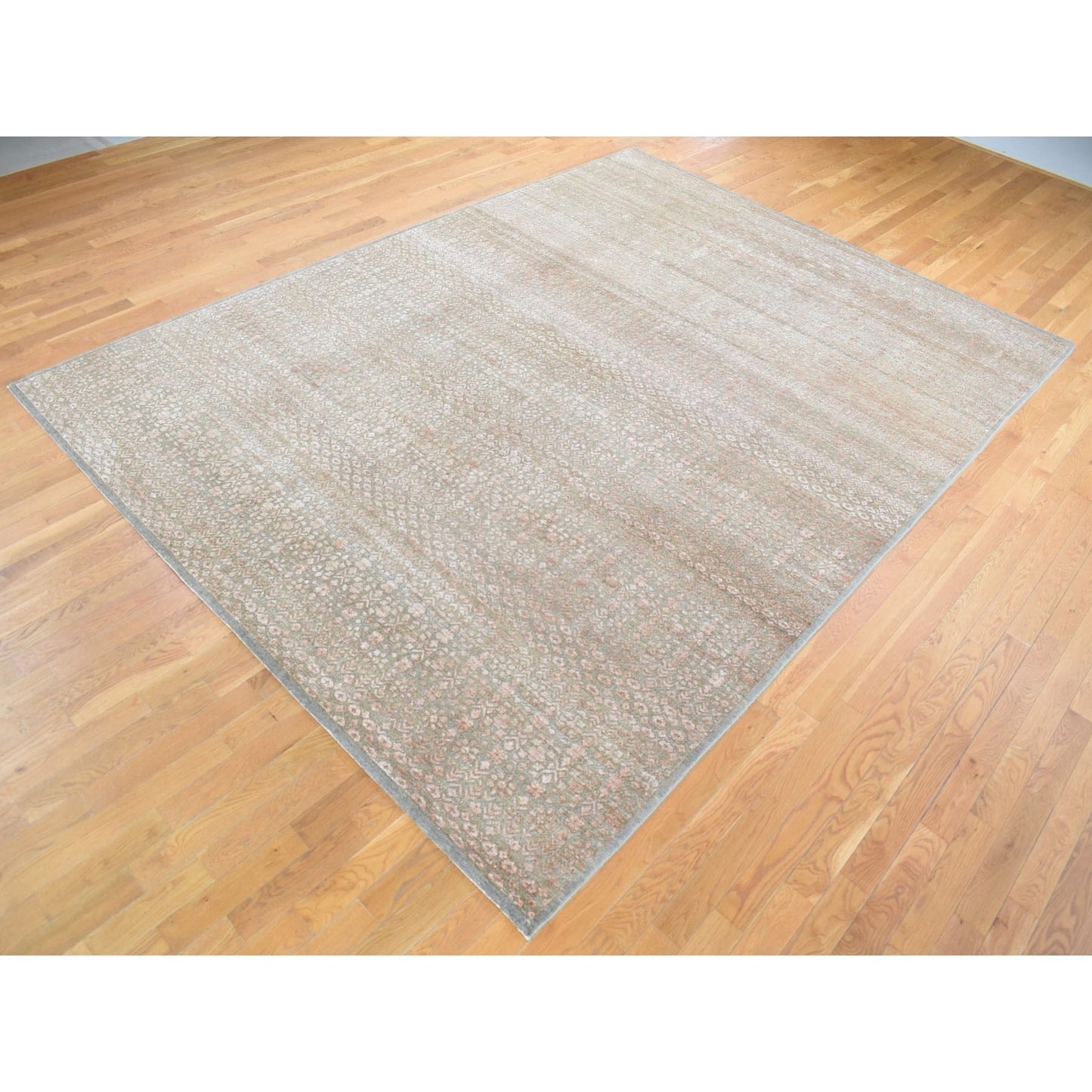 9'X12'2" Taupe, Repetitive Flower Design, Silken Wool Hand Knotted, Rug