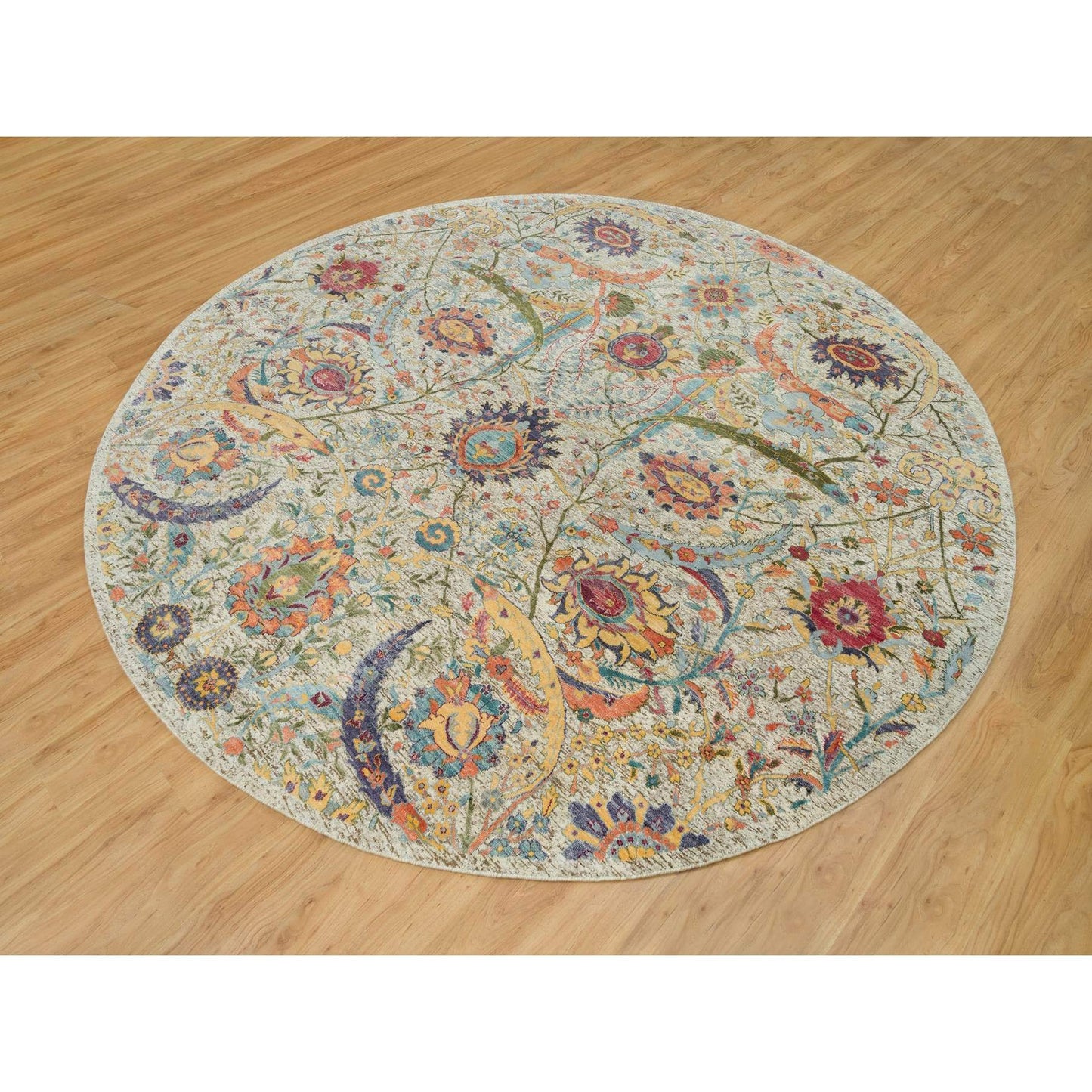 10'X10' Birch Tan Hand Knotted Silk And Wool Sickle Leaf Design Round Rug