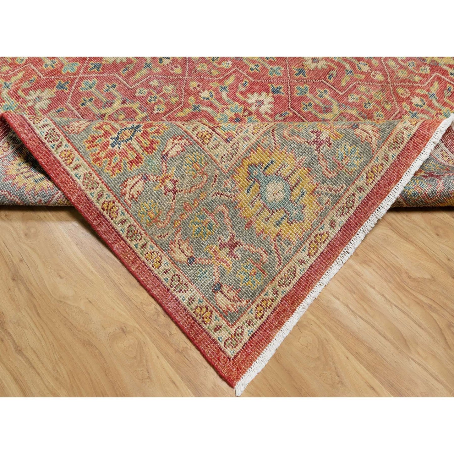 10'X13'9" Red Hand Knotted Antiqued Oushak Design Wool Oriental Rug