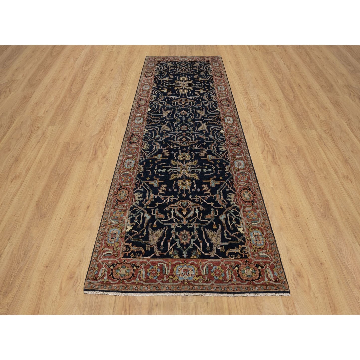 4'2"X12'2" Navy Antiqued Heris Re-Creation Hand Knotted Wool Runner Rug