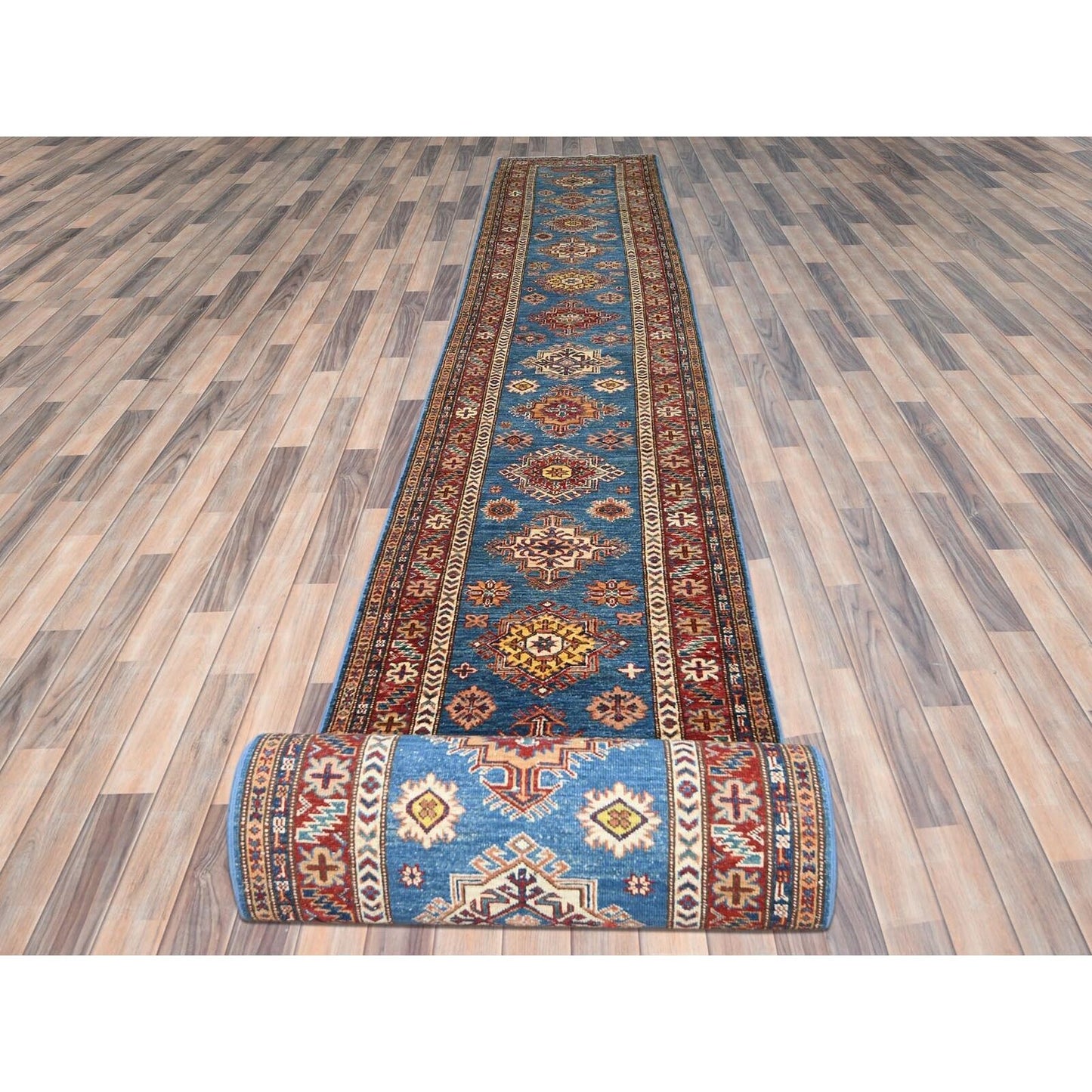 2'9"X40'6" Blue Afghan Super Kazak Wool Hand Knotted Xl Runner Rug