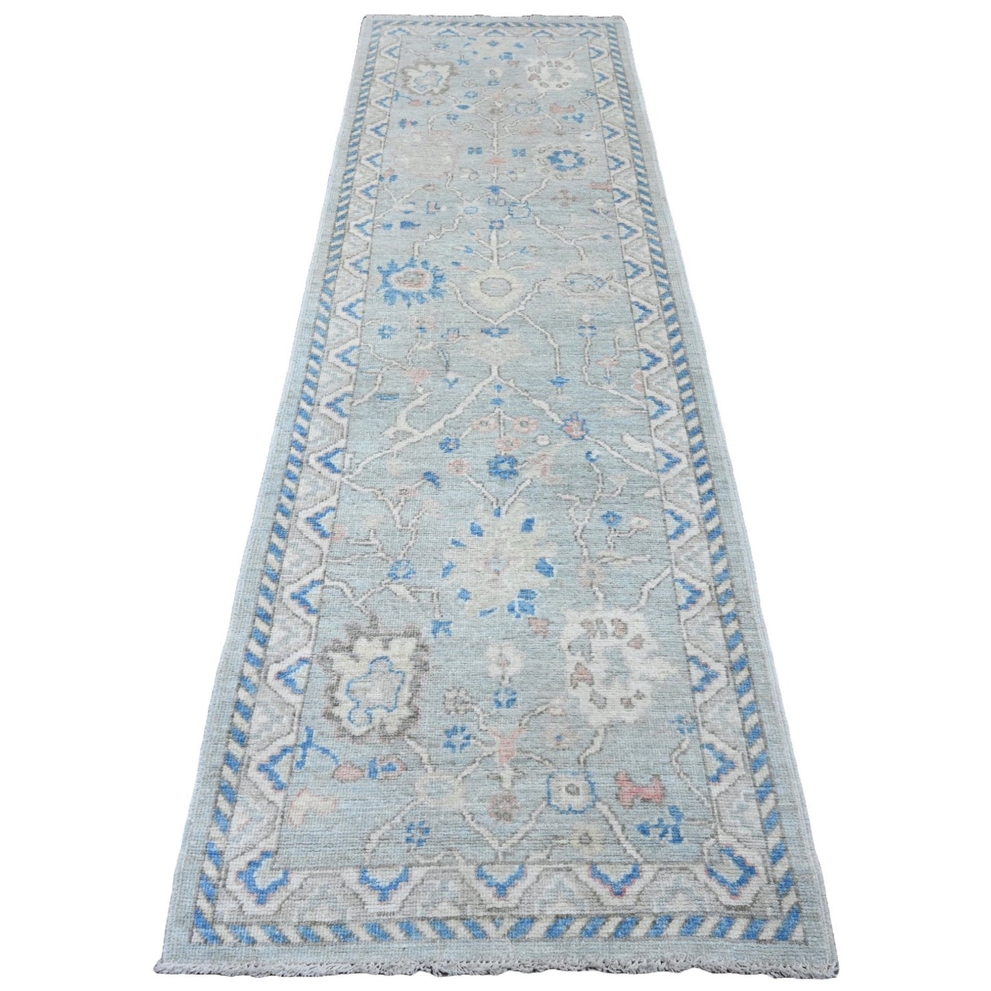 2'10"X9'7" Gray Angora Oushak Leaf Design Hand Knotted Wool Runner Rug