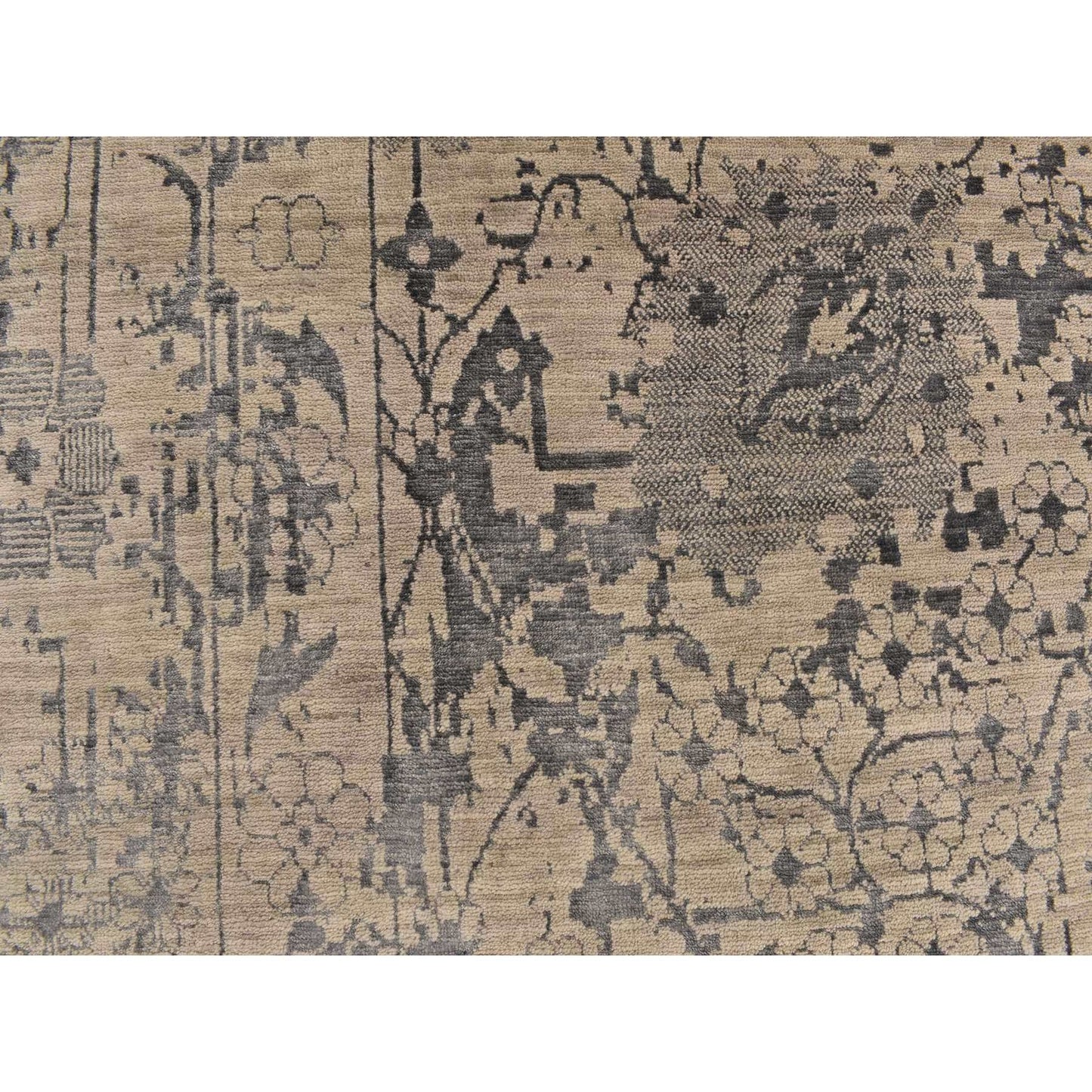 9'1"X12' Tan Color Erased Zoroastrian Design Wool & Silk Hand Knotted Rug