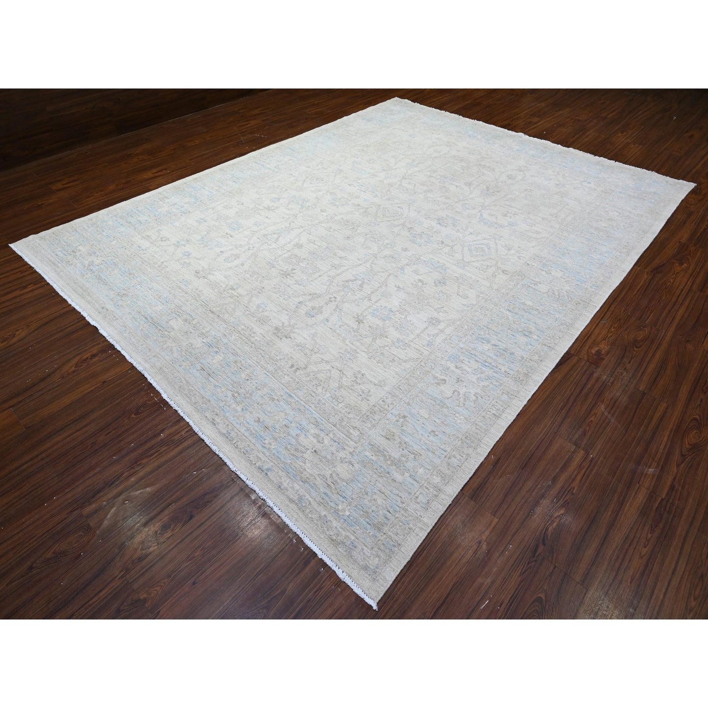 9'X11'9" Vista White Hand Knotted Pure Wool Stone Wash Peshawar Rug