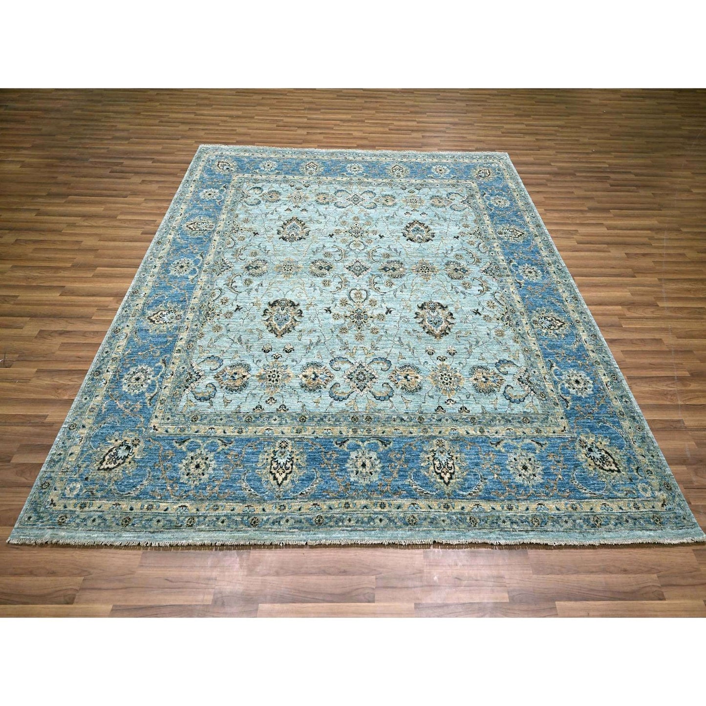 8'X8' Sky Blue Shah Abbas Flower Design Pure Wool Hand Knotted Square Rug