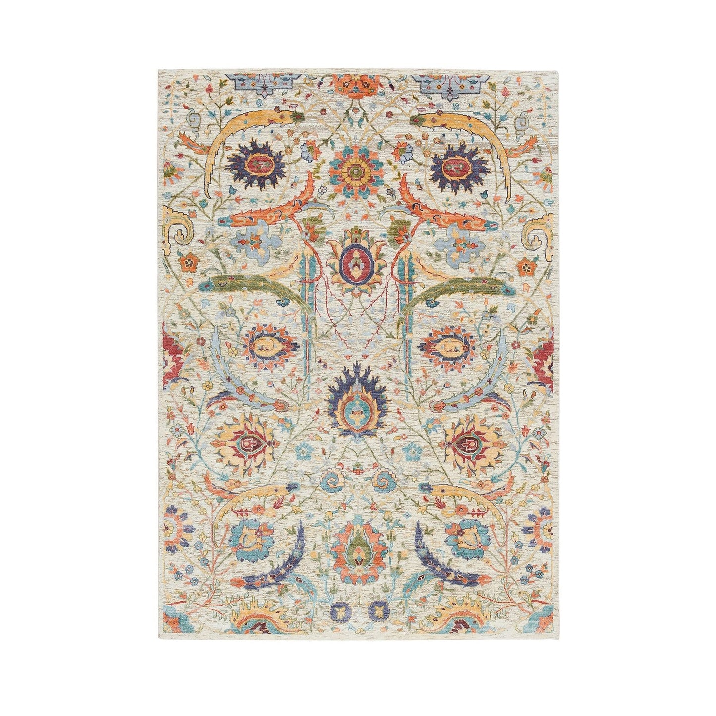 5'2"X7'4" Tan,Hand Knotted Sickle Leaf Silk Textured Wool Oriental Rug
