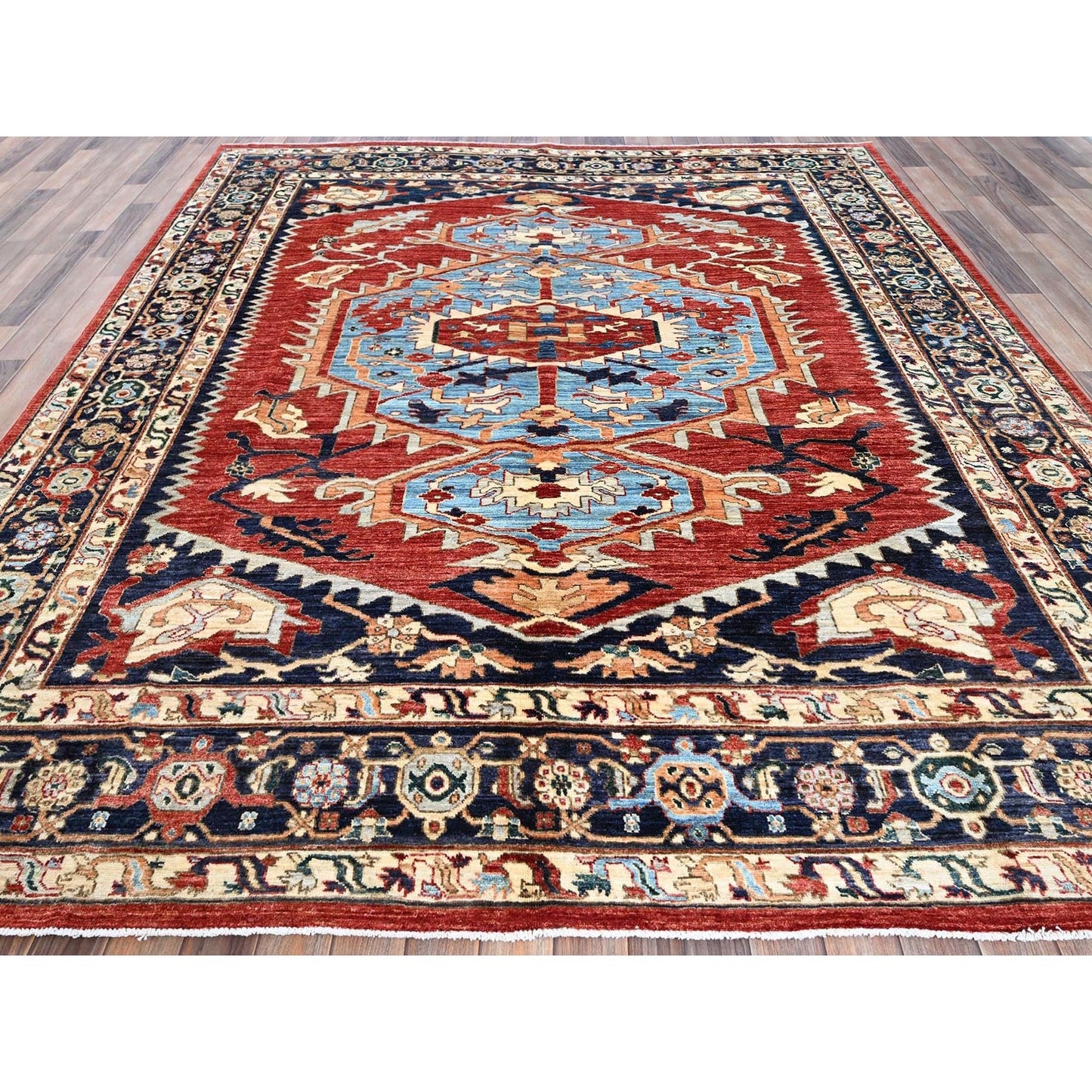 8'1"X9'8" Scarlet Red Peshawar Heris Hand Knotted High Mountain Wool Rug