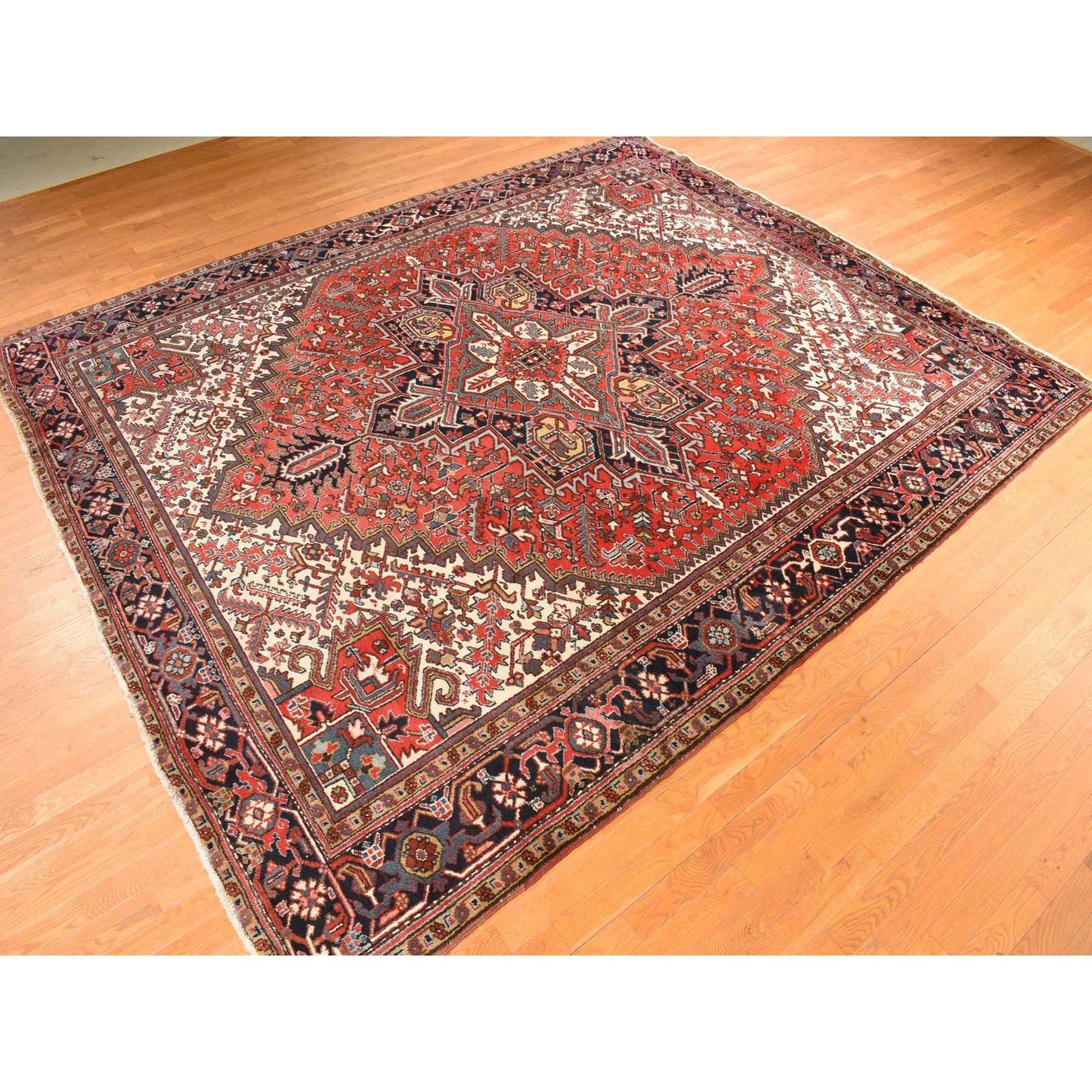 11'X13' Rose Red Zoroastrian Heris Clean Wool Hand Knotted Squarish Rug