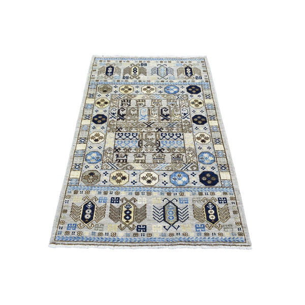 3'3"X5' Light Gray Hand Knotted Afghan Ersari Organic Wool Rug