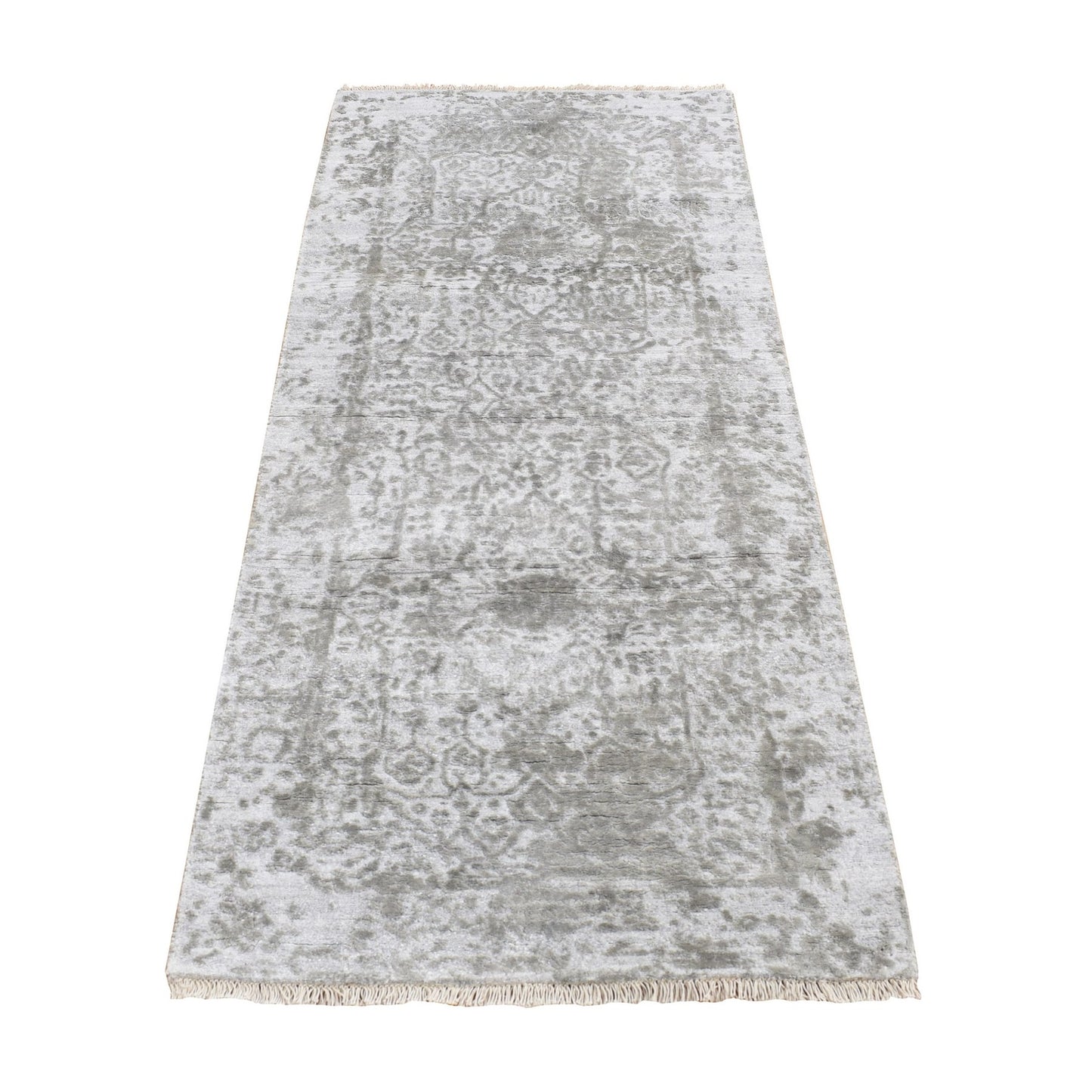 2'7"X6' Gray Hand Knotted Wool And Silk Zoroastrian Design Runner Rug