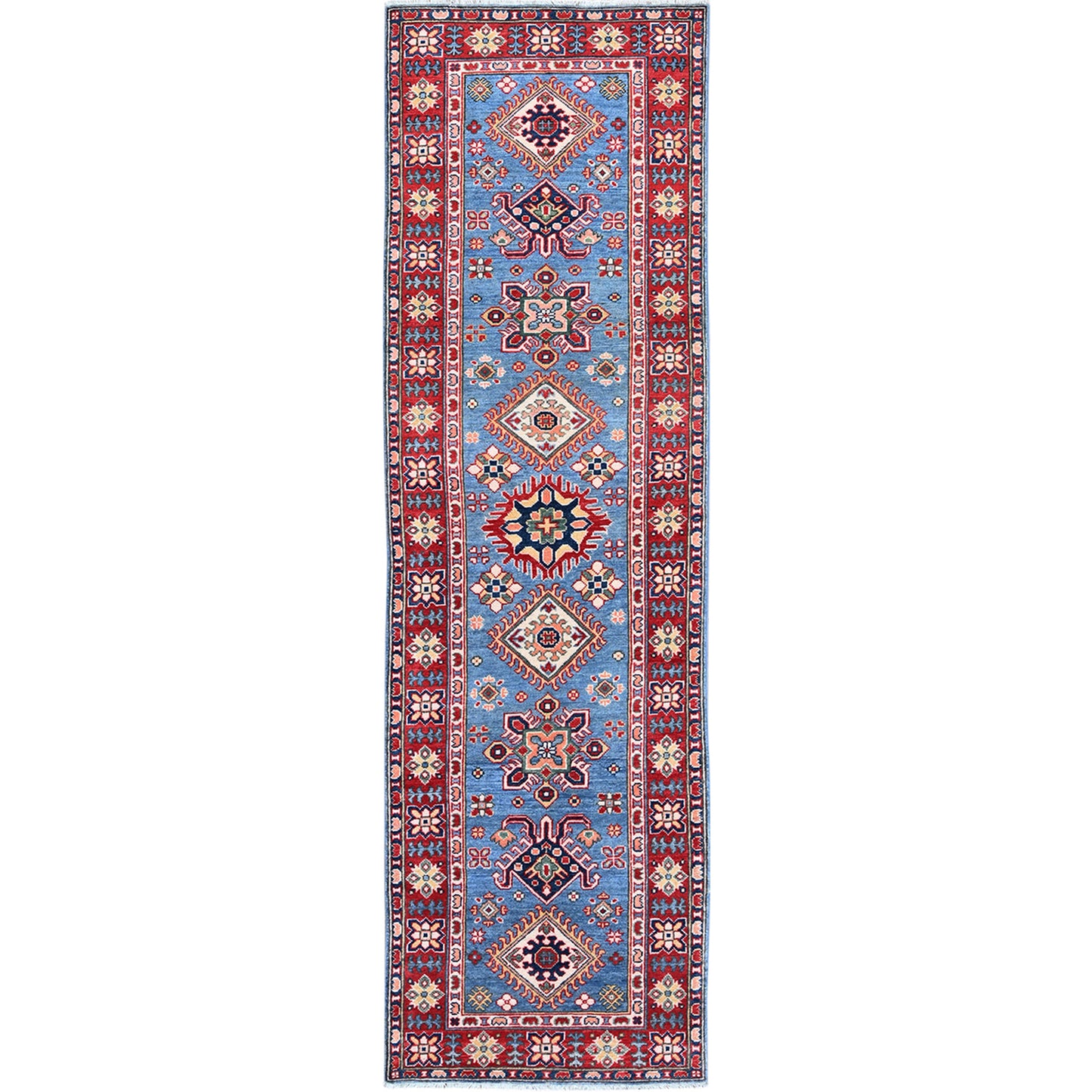 2'9"X9'6" Blue Kazak With Tribal Design Hand Knotted Soft Wool Runner Rug