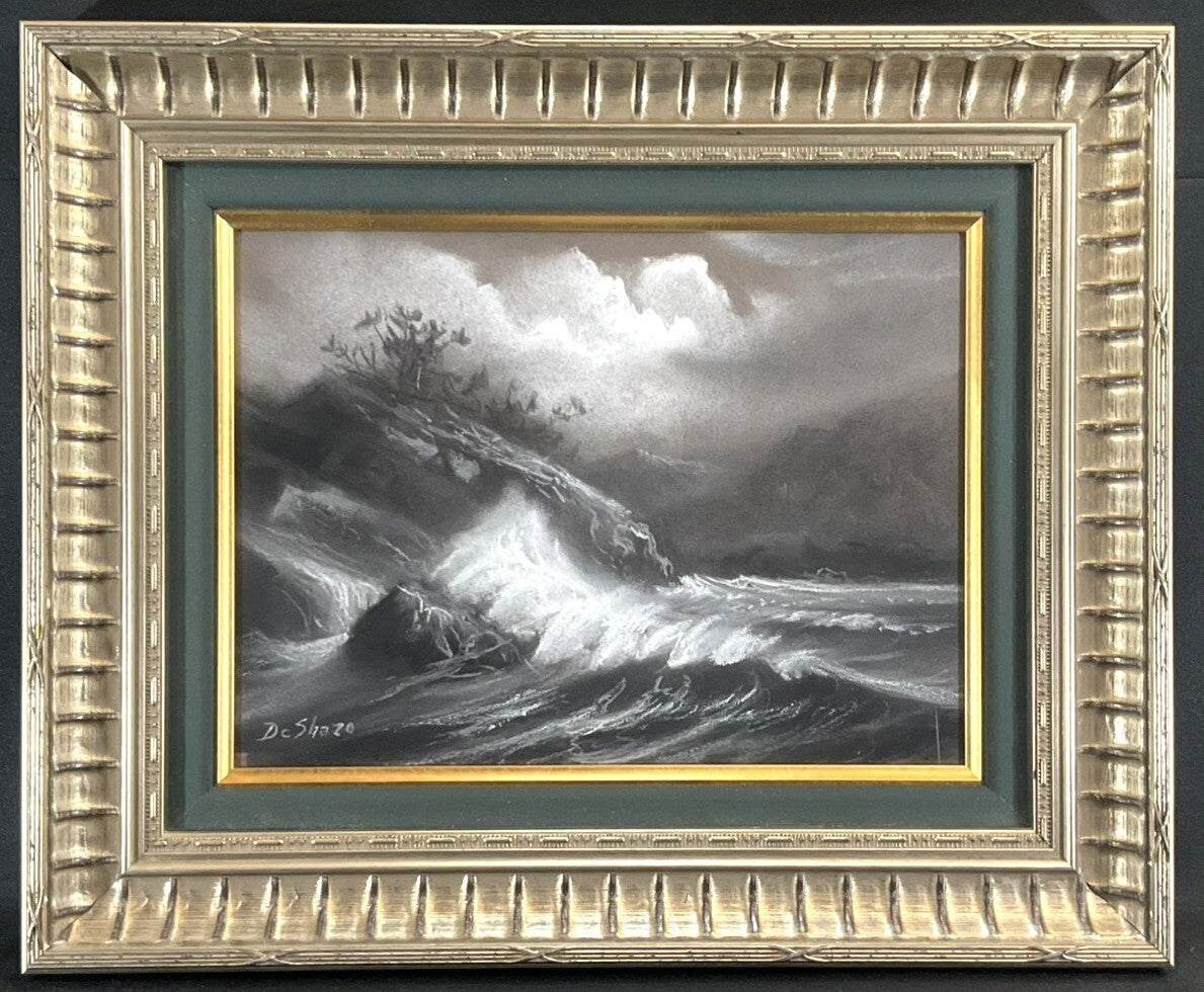 William Deshazo Original Pastel Drawing "Cliff And White Waves" Signed Seascape