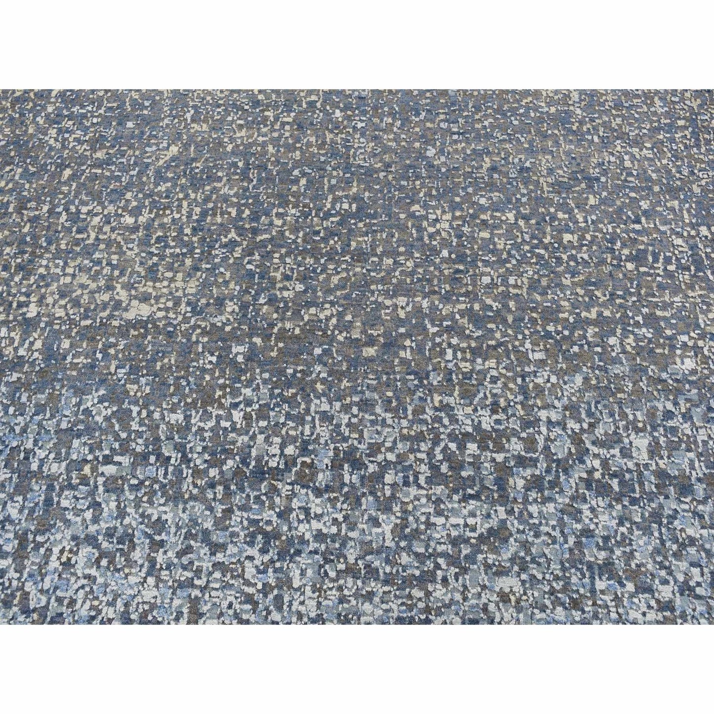10'X14' Yale Blue Wool And Silk Modern Gradation Design Hand Knotted Rug