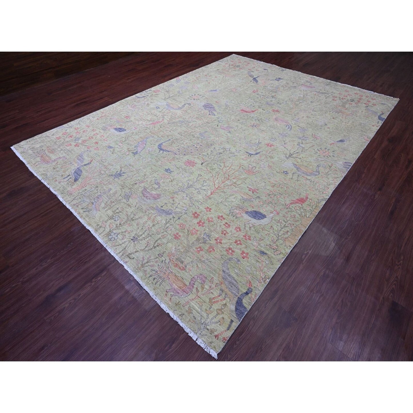 8'10"X12'3" Green Afghan Peshawar Birds Design Hand Knotted Soft Wool Rug