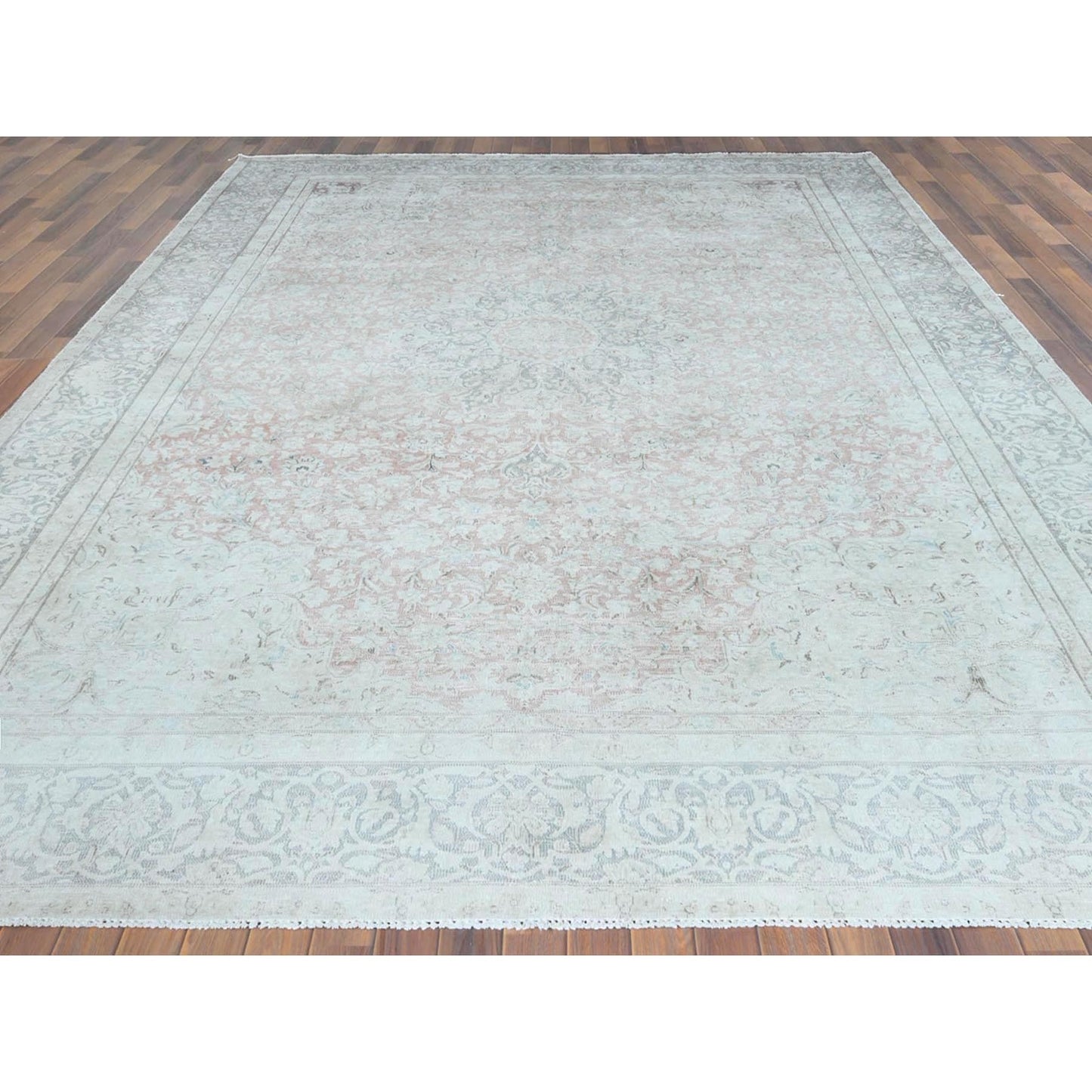 9'8"X12'10" Worn Wool Hand Knotted Ivory Vintage Farsian Karman Rug
