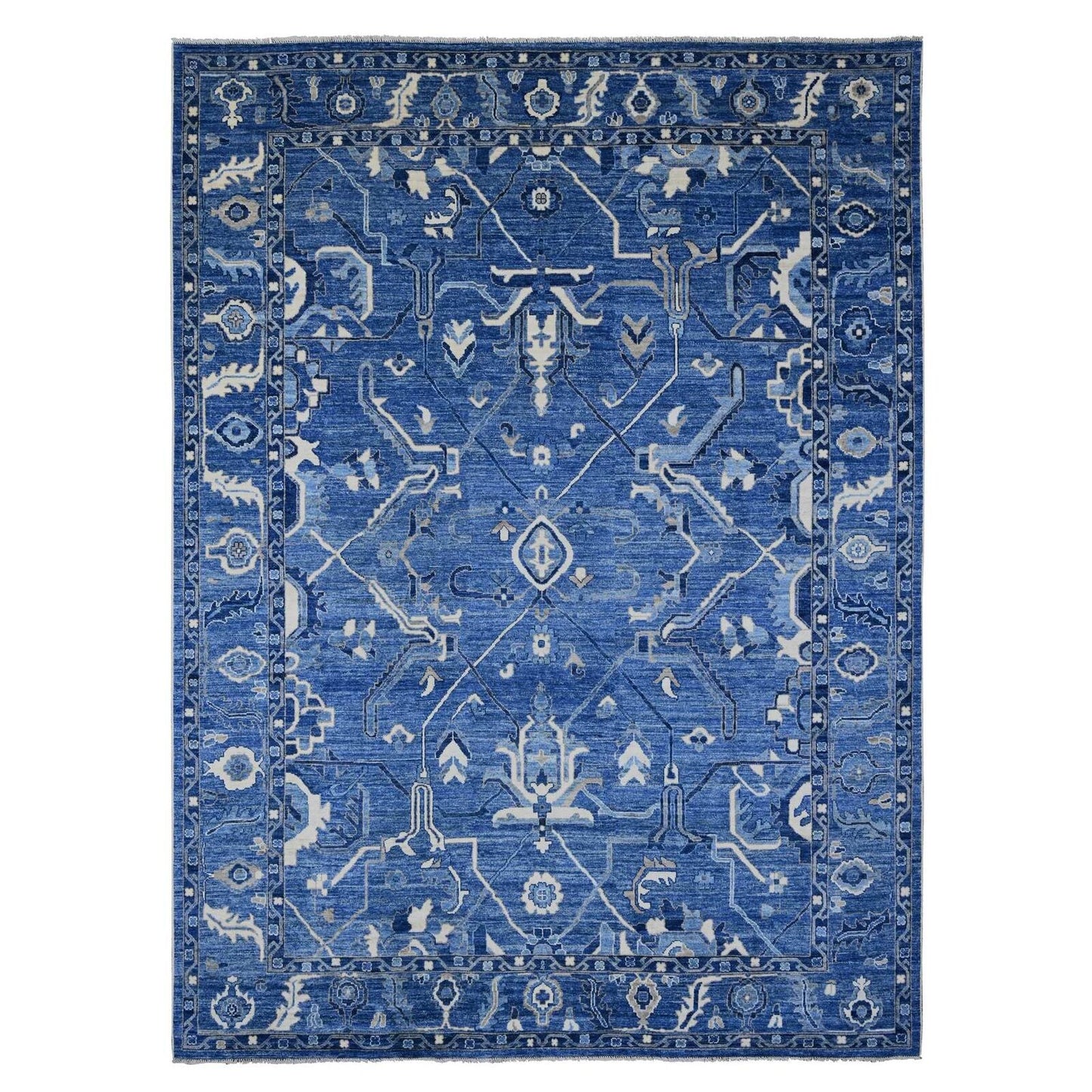 10'1"X13'9" Blue Hand Knotted Afghan Angora Oushak Vines Design Wool Rug