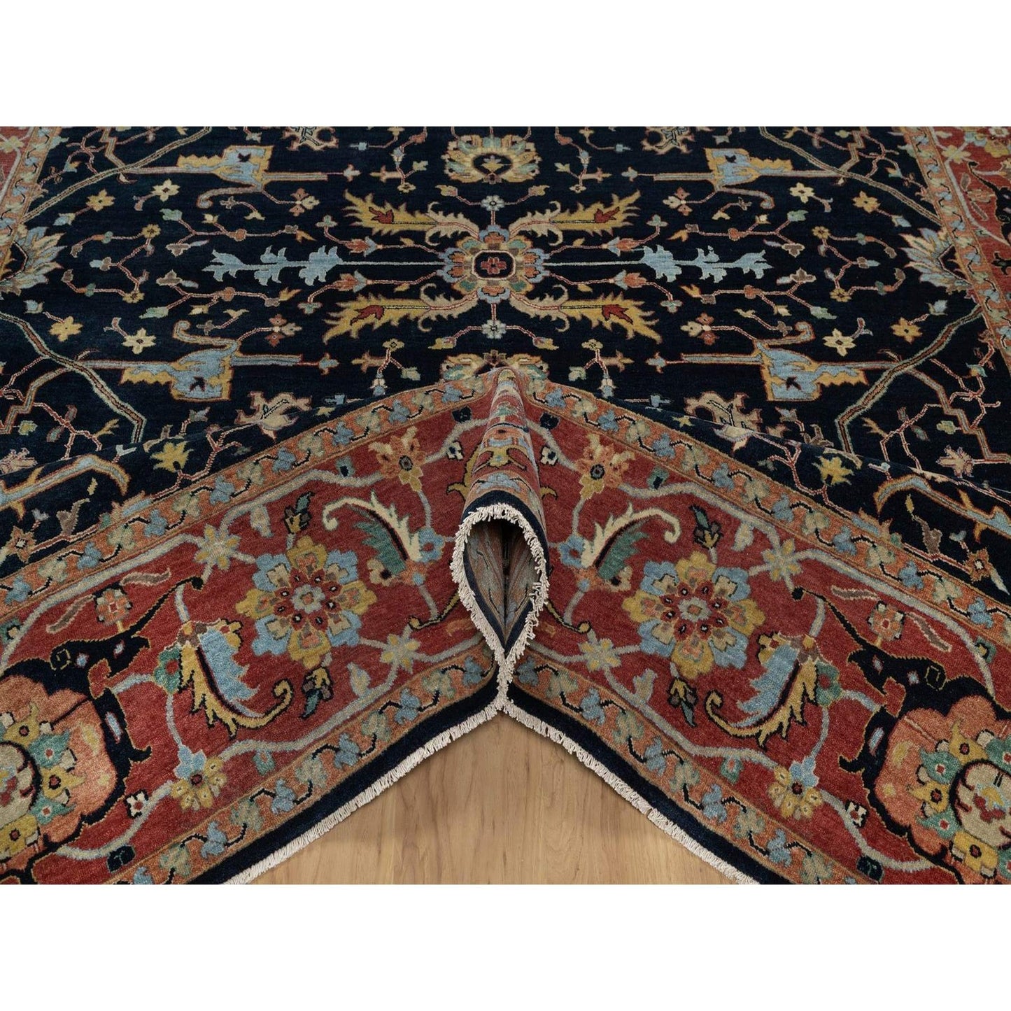 9'X12'1" Caviar Blue Antiqued Heris New Zealand Wool Hand Knotted Rug