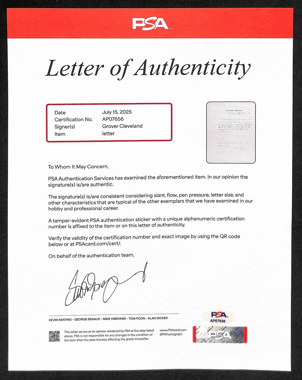 President Grover Cleveland Signed 8X10 Proclamation Letter Psa/Dna Loa 199541