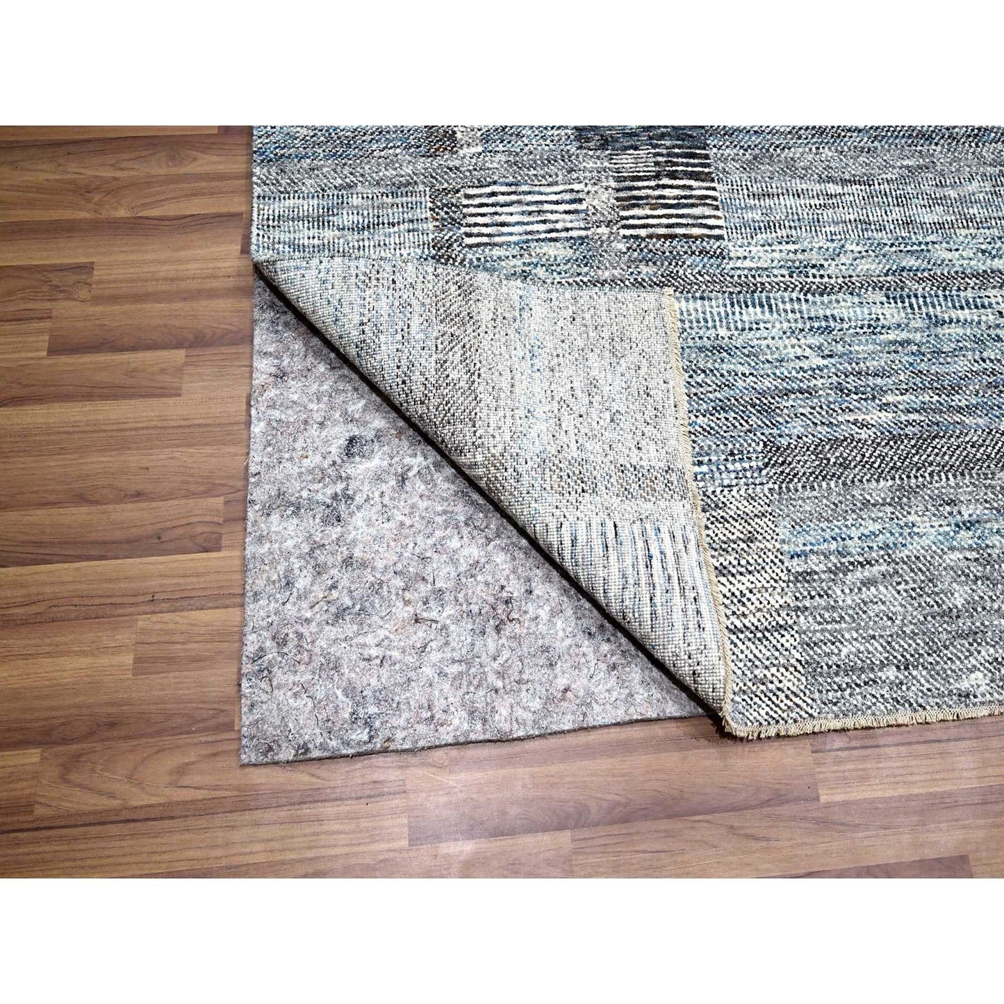 9'X12'1" Barely Blue Modern Geometric Plaid Design Wool Hand Knotted Rug