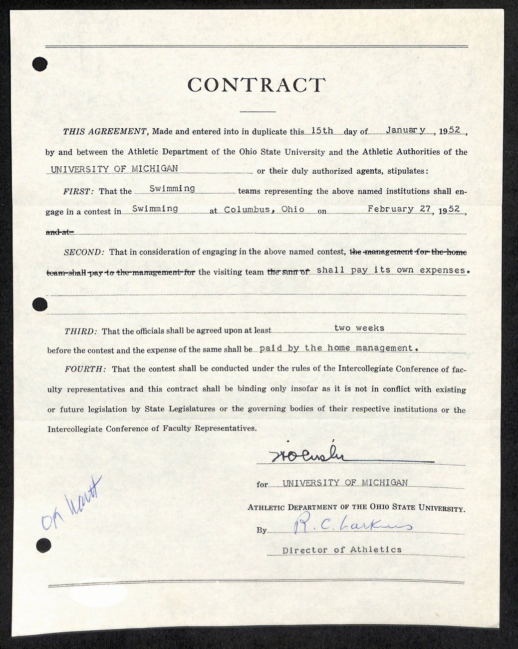 Fritz Crisler Cfb Hof Signed 1952 Contract