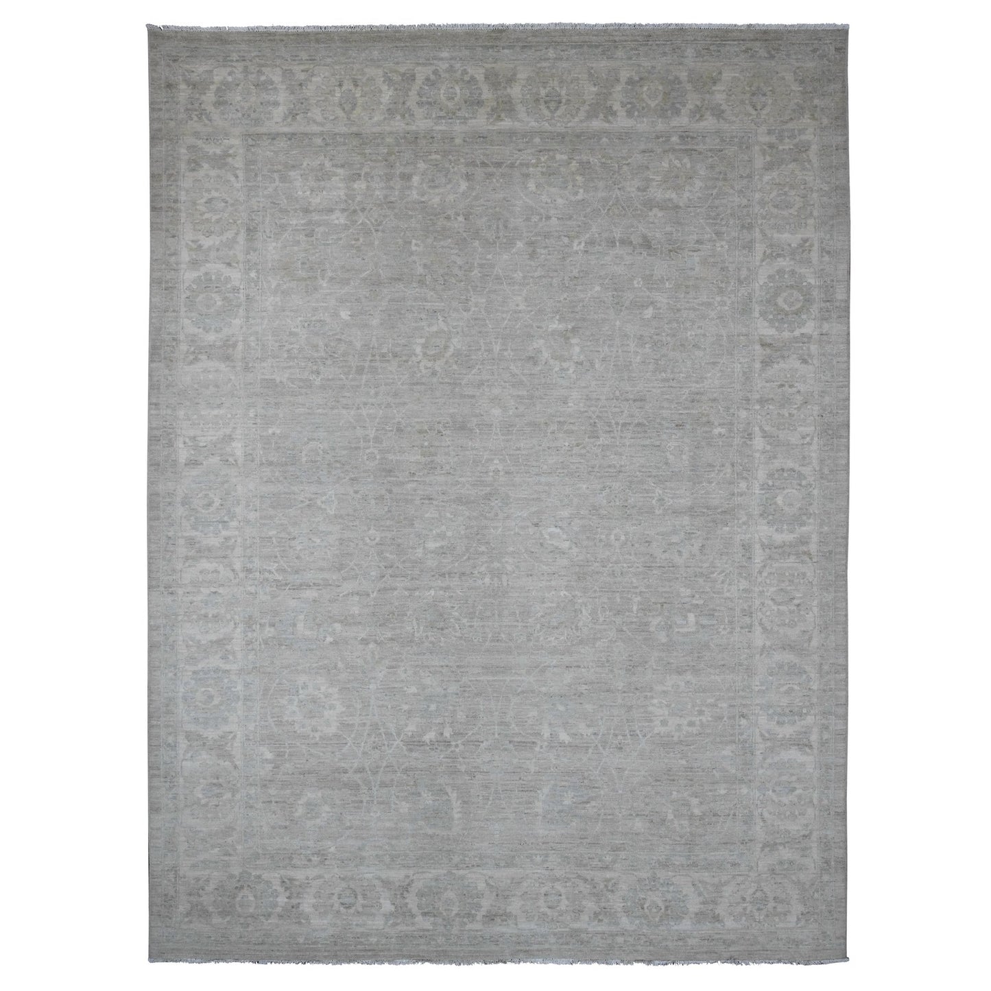 9'X12' Gray Hand Knotted Washed Out Peshawar Vines Design 100% Wool Rug
