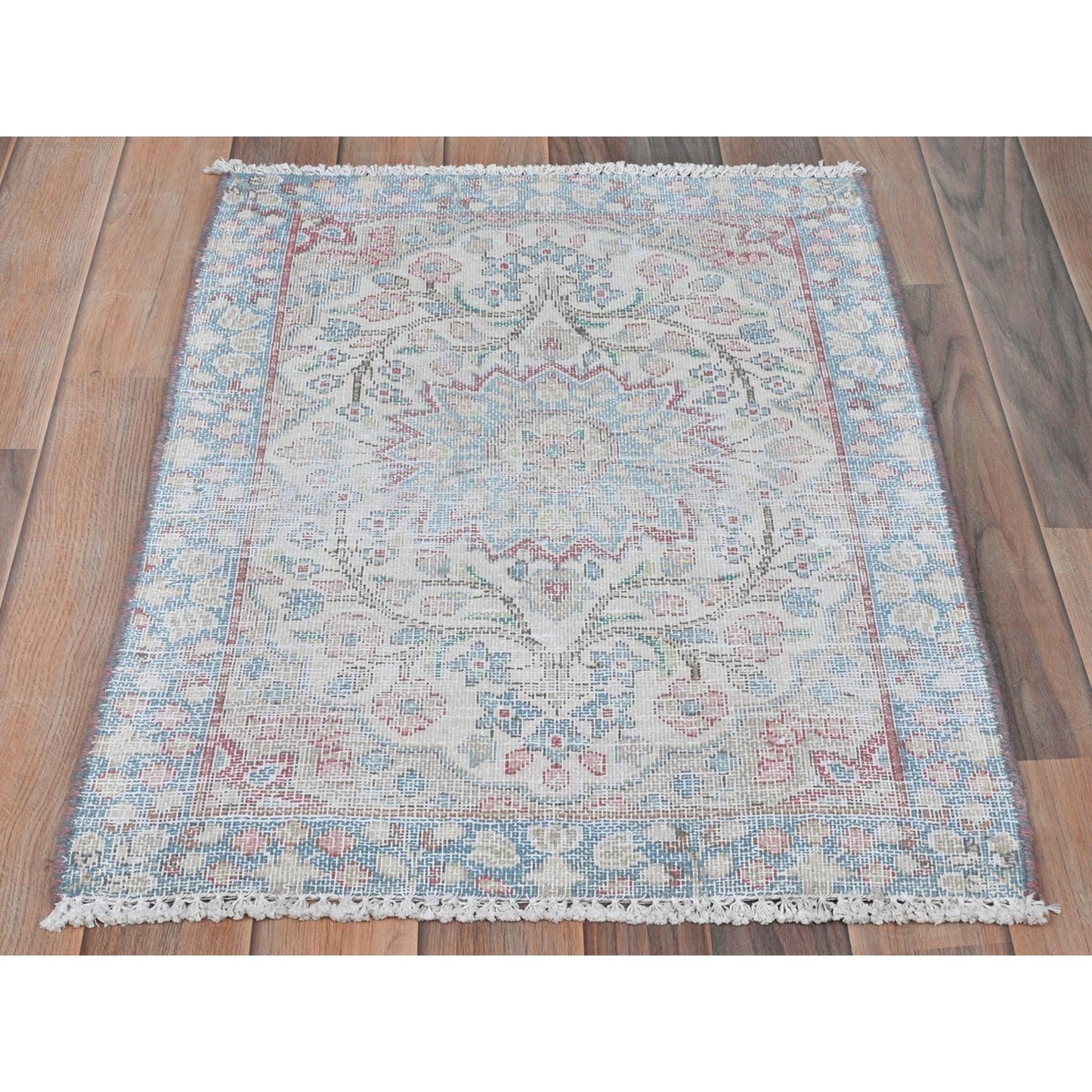 2'X2'7" Ivory Vintage Farsian Karman Worn Wool Hand Knotted Mat Rug