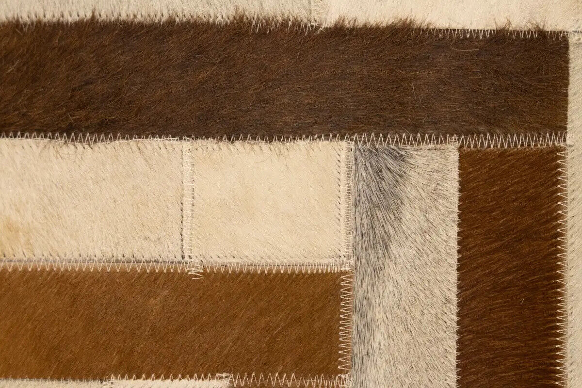 Handcrafted Brown Beige Cowhide Leather Rug