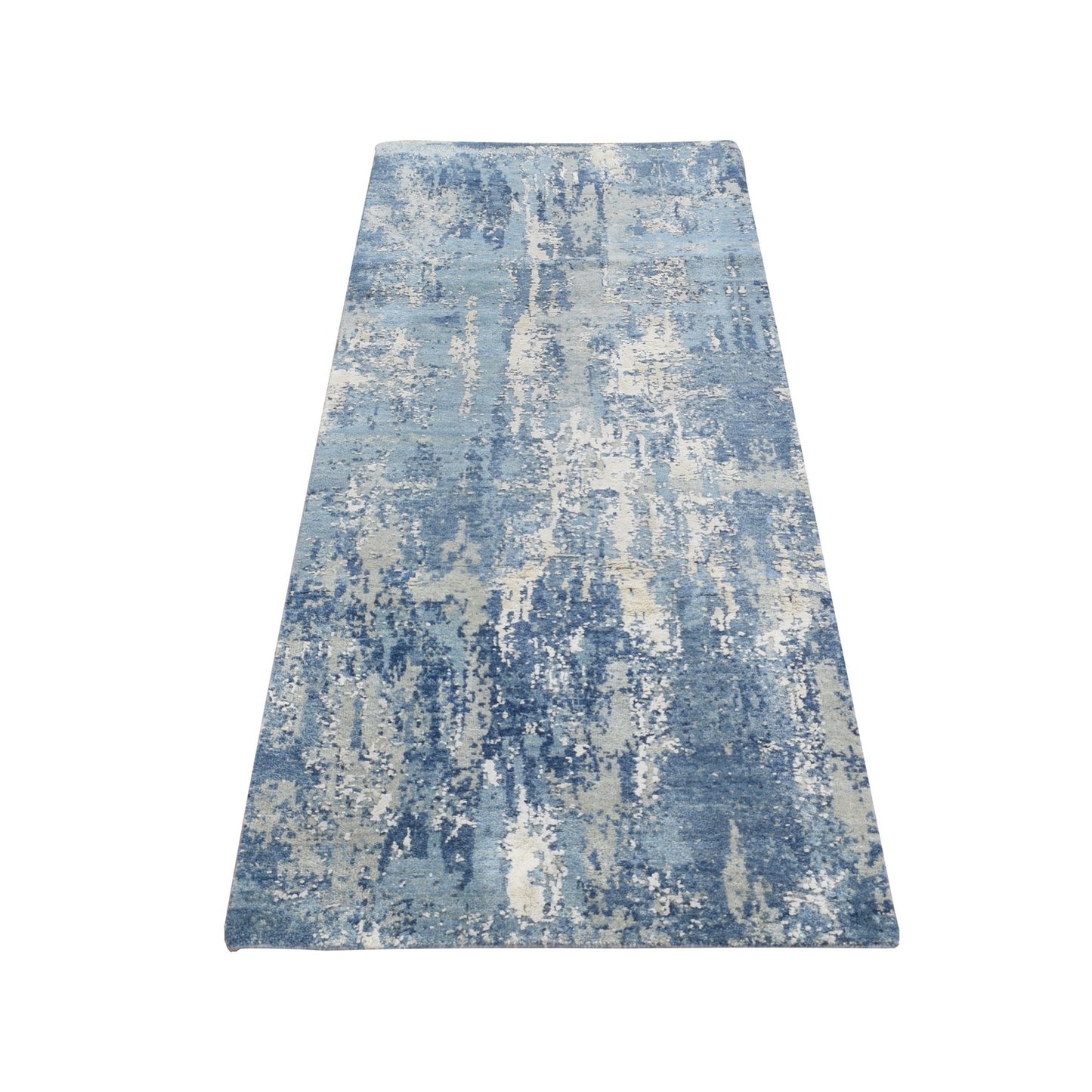 2'7"X6'1" Blue Abstract Design Wool And Pure Silk Hand Knotted Runner Rug