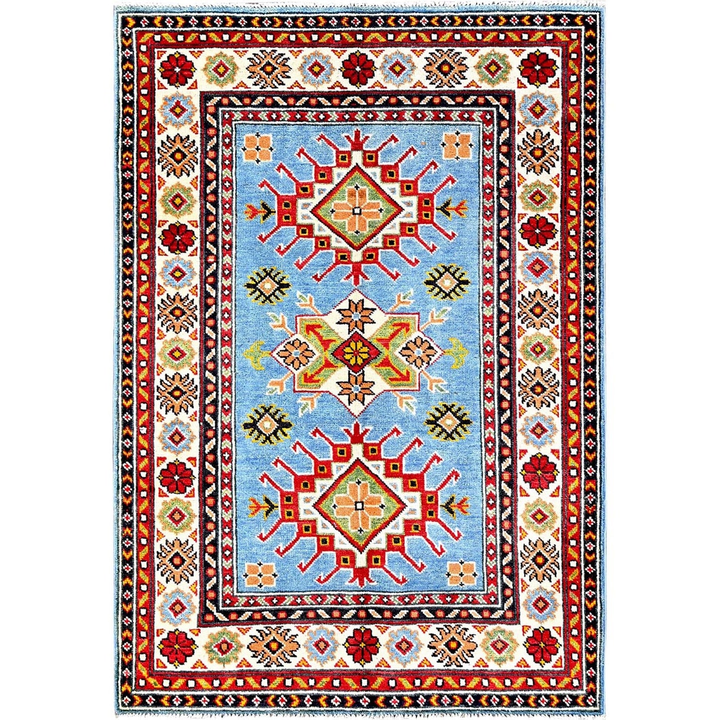 3'4"X4'10" Blue Kazak Geometric Design Hand Knotted Soft Wool Oriental Rug