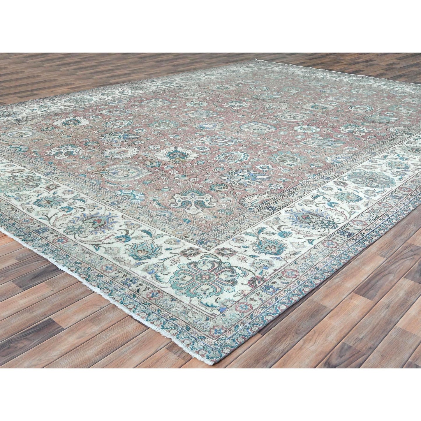 11'1"X14'7" Red Vintage Farsian Tebraz Worn Down Wool Hand Knotted Rug
