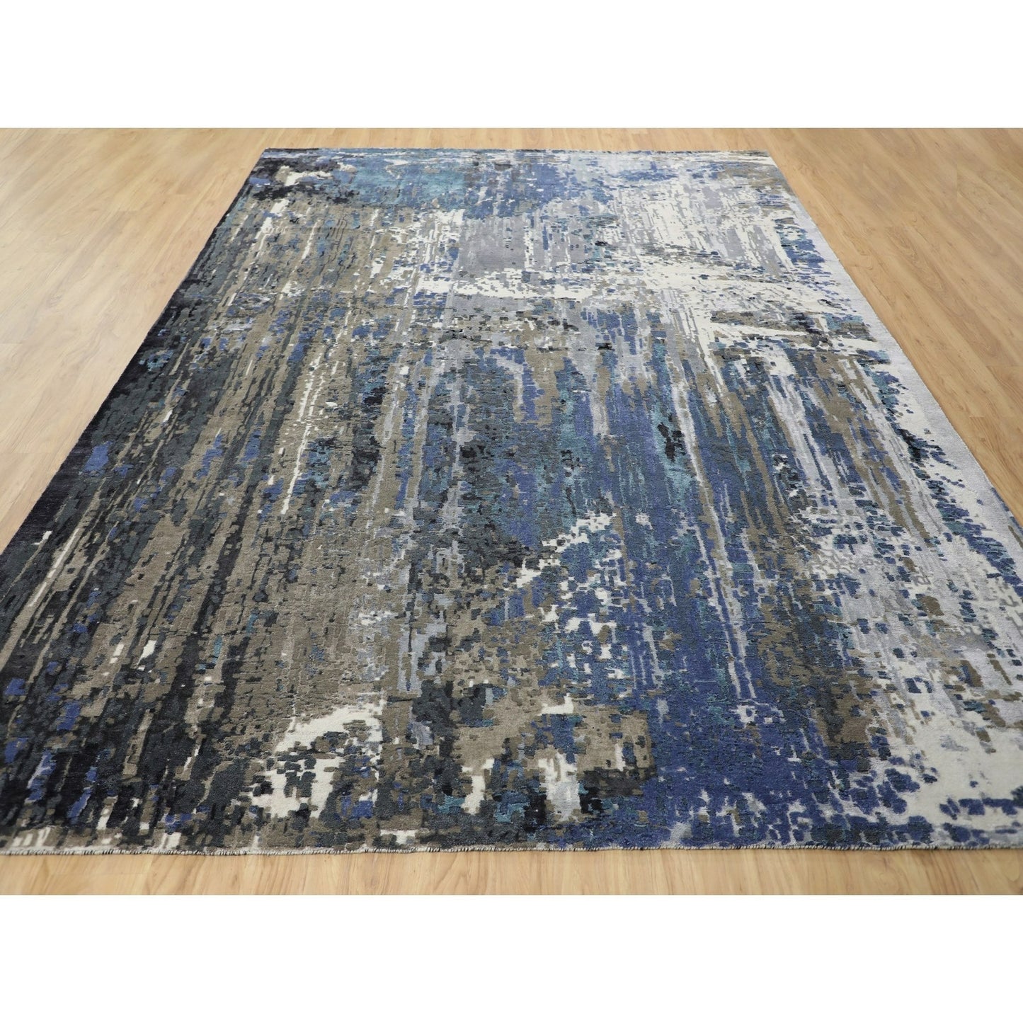 9'9"X'13'9" Blue Abstract Design Wool And Silk Hand Knotted Oriental Rug