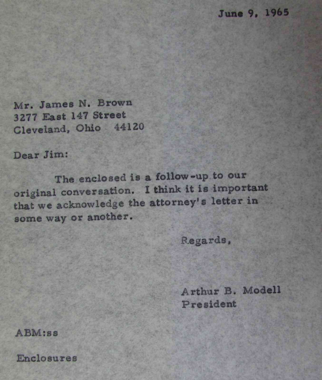 1965 Letters To And From Art Modell About Jim