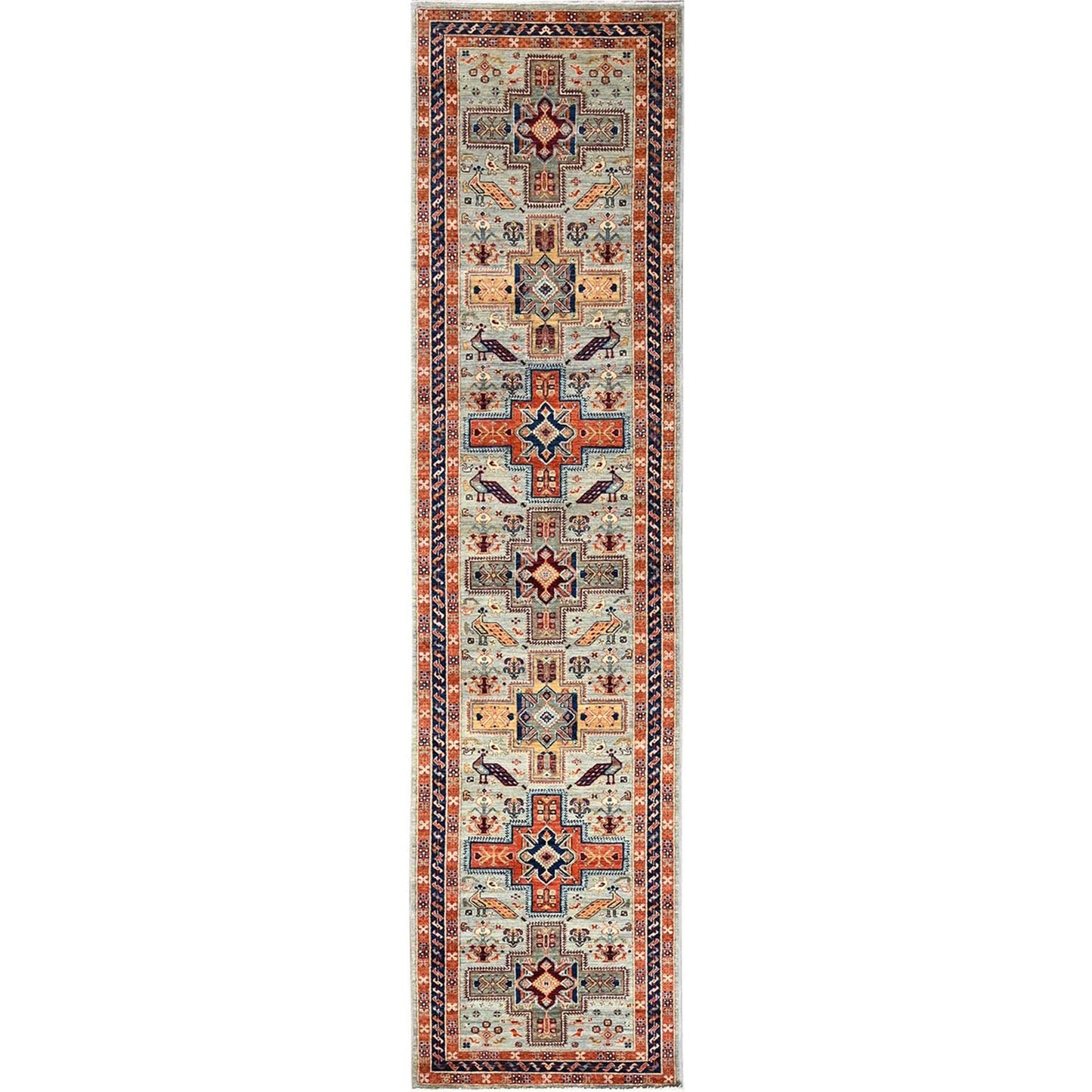 2'8"X11'3" Gray Caucasian Design Super Fine Wool Hand Knotted Runner Rug