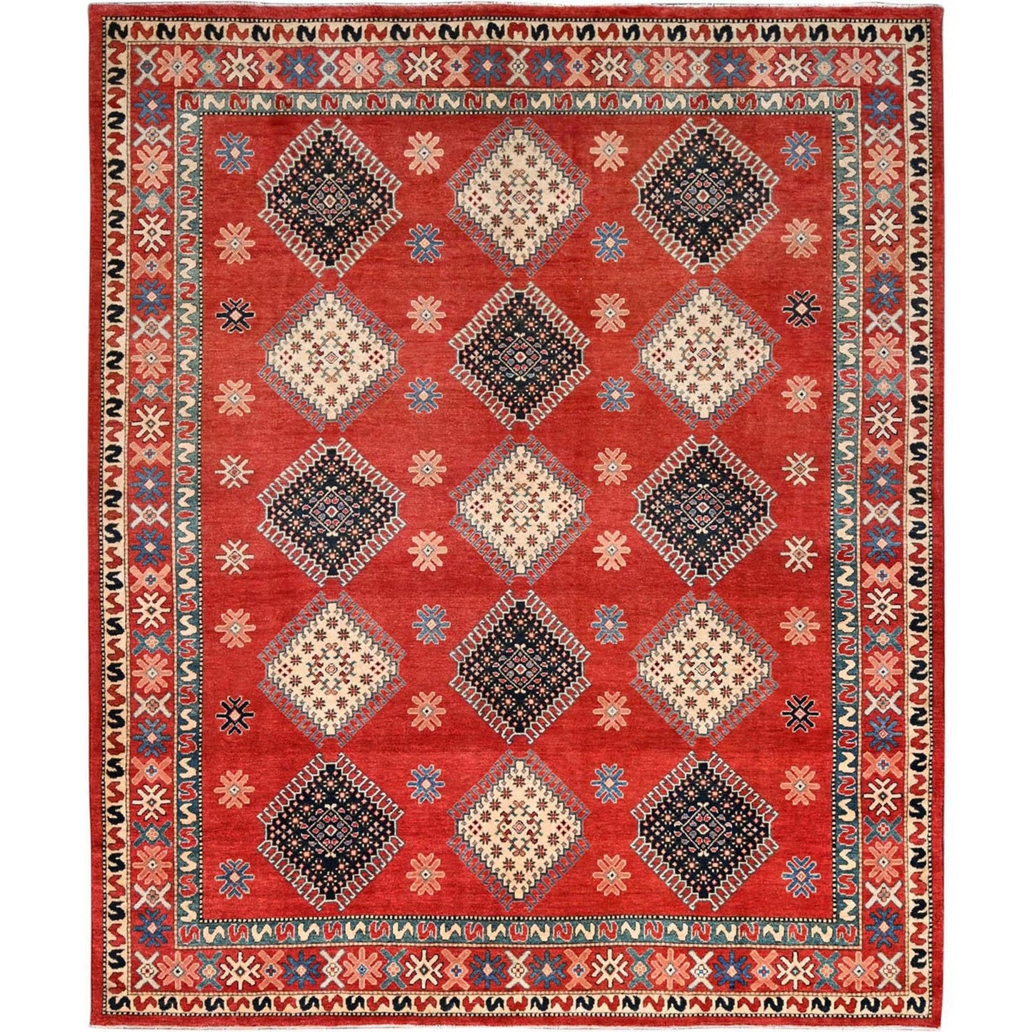 8'1"X9'9" Red Special Kazak All Over Medallions Wool Hand Knotted Rug