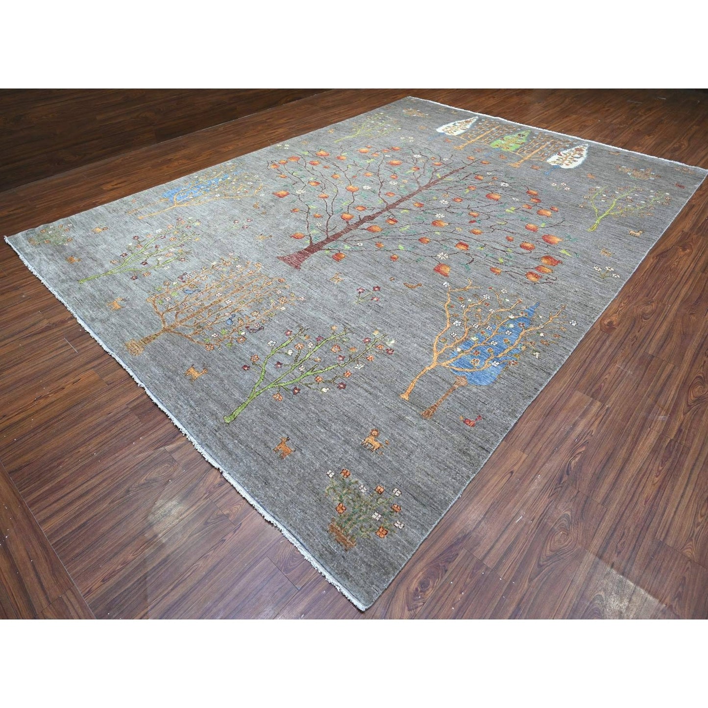 10'X13'10" Screen Gray Wool Hand Knotted Folk Art Willow Cypress Tree Rug